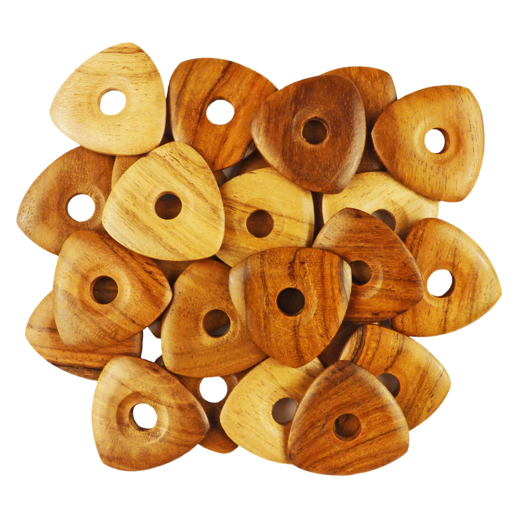 Teak Wood Guitar Or Bass Pick - 4.0 mm Ultra Heavy Gauge - 346 Contoured Triangle With Grip Hole Shape - Natural Finish Handmade Specialty Exotic Plectrum Exotic Plectrums