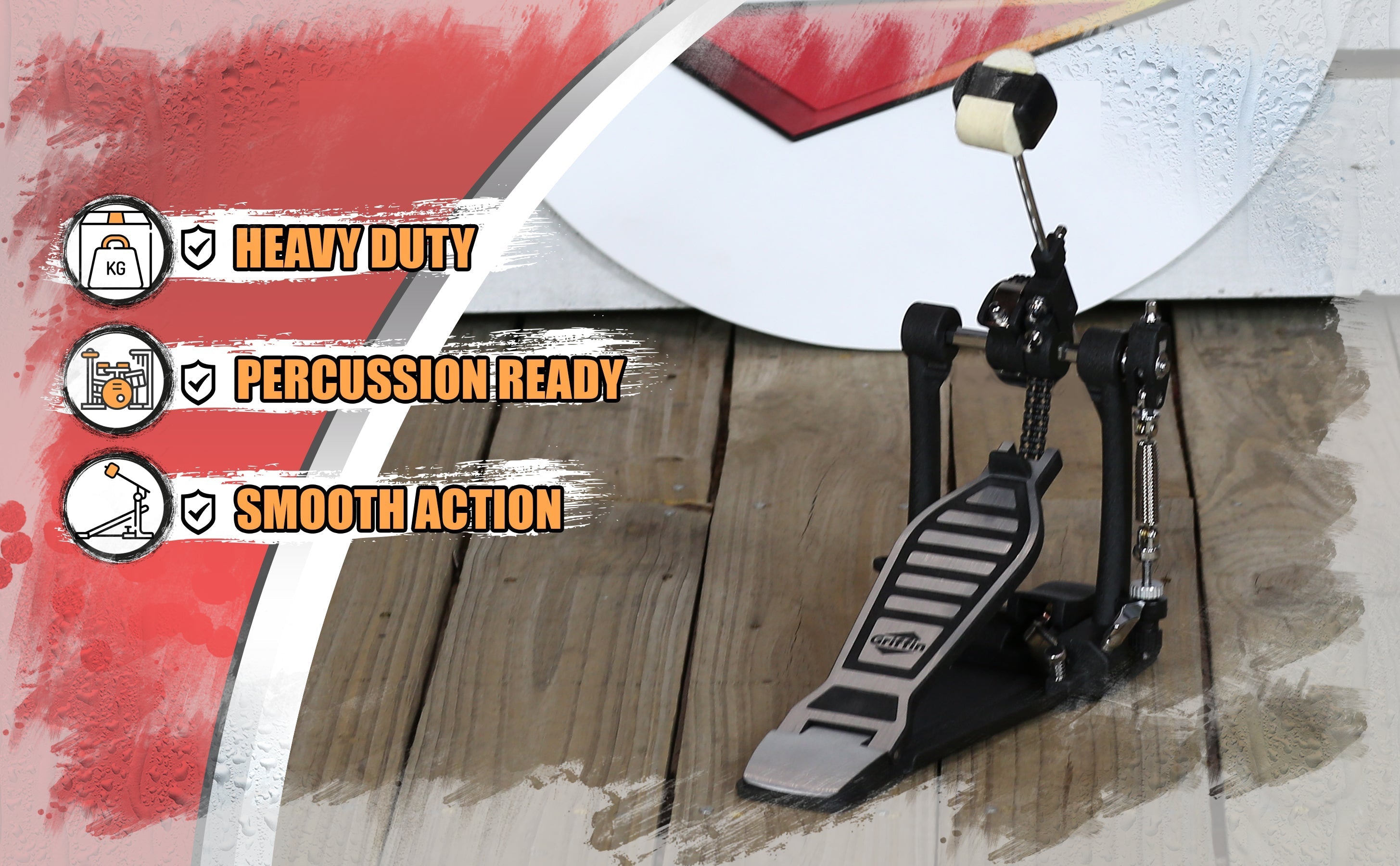 Single Kick Bass Drum Pedal by GRIFFIN - Deluxe Double Chain Foot Percussion Hardware for Intense Play - 4 Sided Beater & Adjustable Power Cam System GeekStands.com