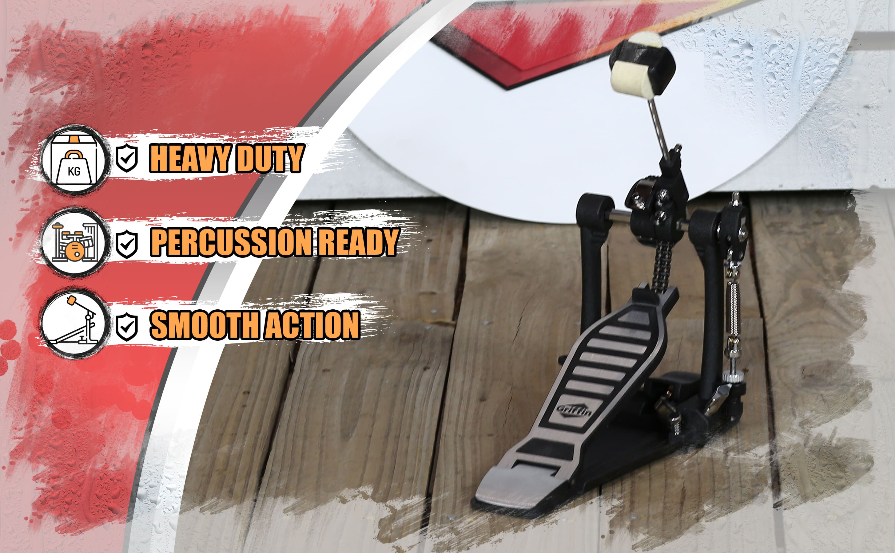 Single Kick Bass Drum Pedal by GRIFFIN | Deluxe Double Chain Foot Percussion Hardware for Intense Play | 4 Sided Beater & Fully Adjustable Power Cam System | Perfect for Beginner & Pro Drummers GeekStands.com
