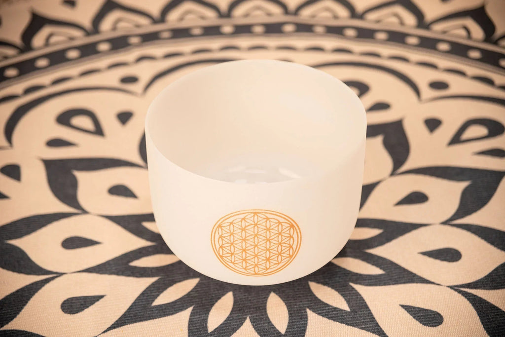 10" White-Frosted Crystal Singing Bowl, Flower of Life 128 Hz Utah Energy Healing Center