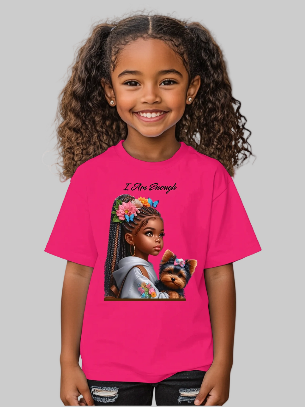 African American Girls I Am Enough with a Puppy Short Sleeve T-Shirt NicholesGifts