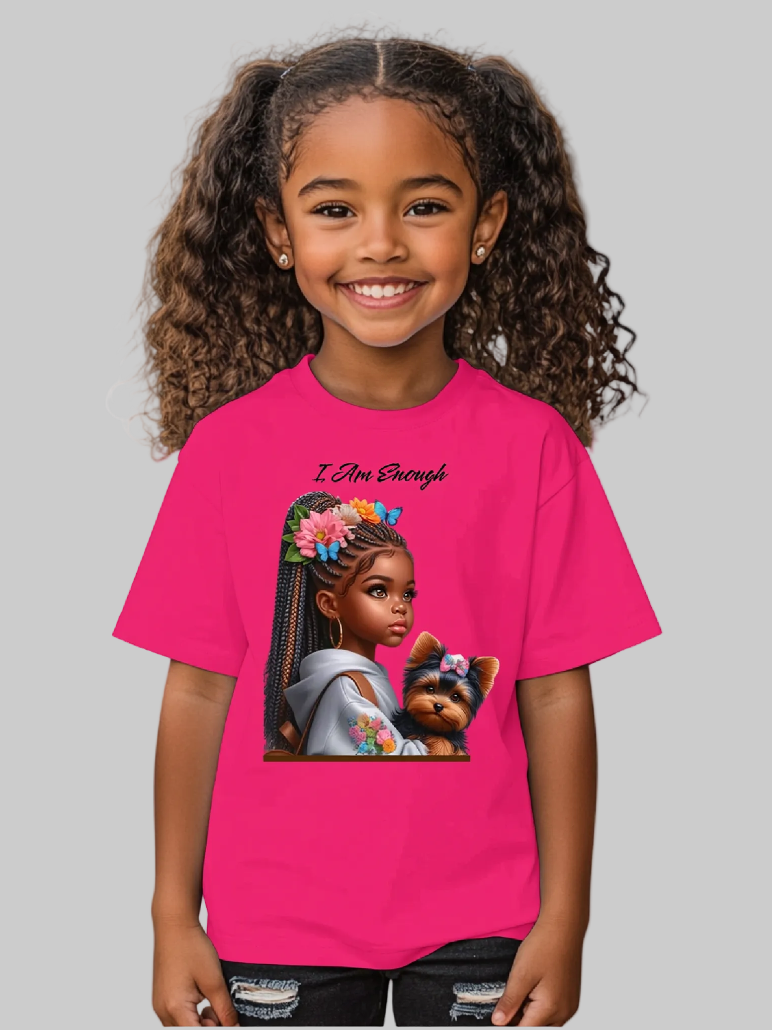 African American Girls I Am Enough with a Puppy Short Sleeve T-Shirt NicholesGifts