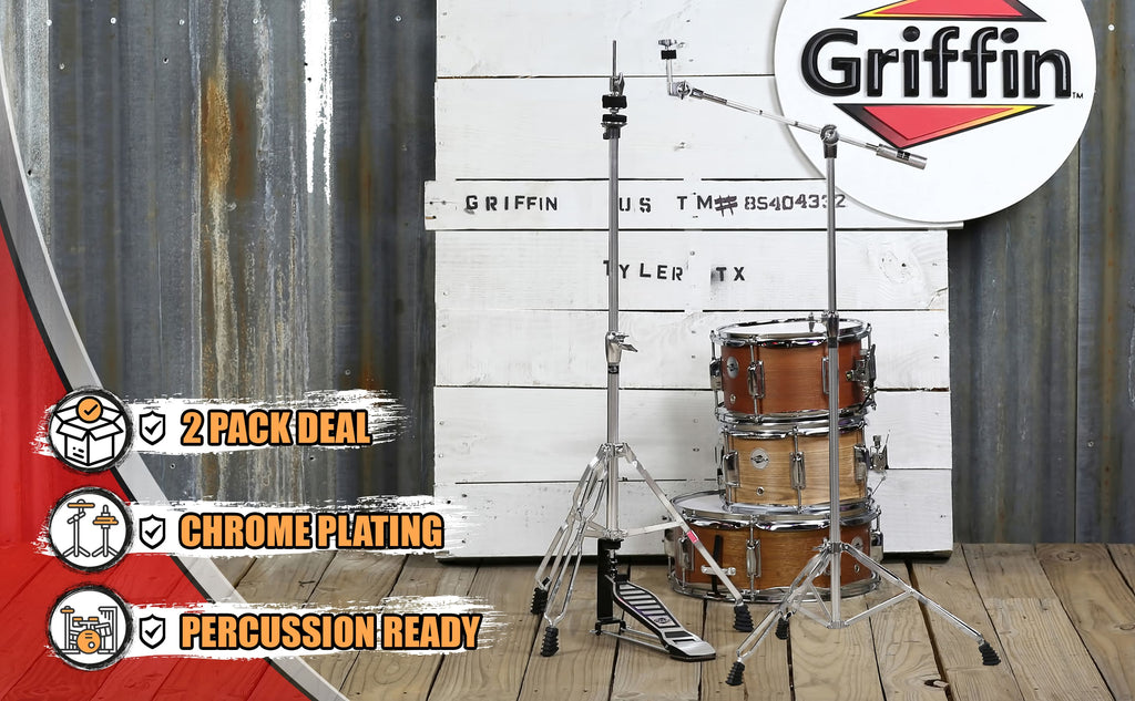 2-Pack Hi-Hat Stand & Cymbal Boom Stand Kit by GRIFFIN | Deluxe Chrome Hardware with Hi-Hat Pedal, Pull Chain & Double-Braced Legs | Counterweight Adapter for Crash, Ride, & Splash Cymbals GeekStands.com