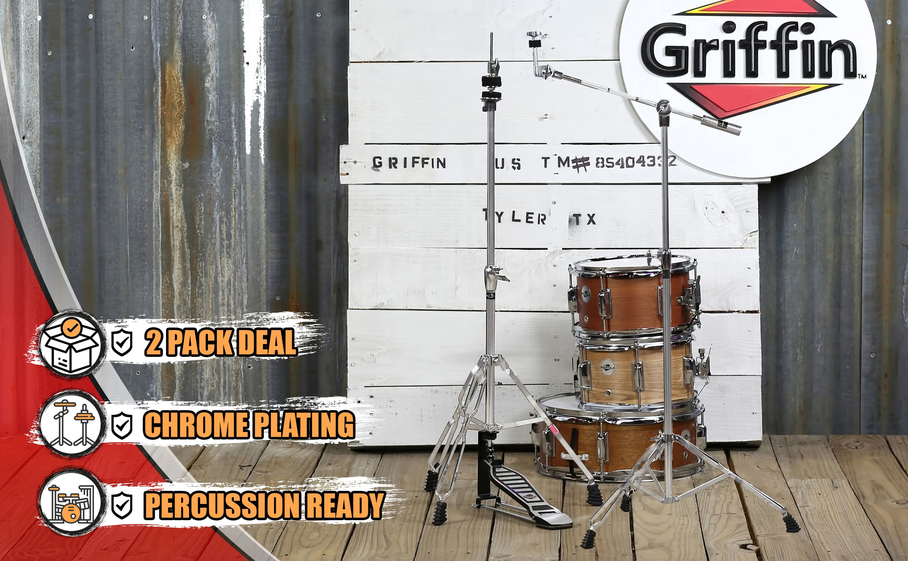 2-Pack Hi-Hat Stand & Cymbal Boom Stand Kit by GRIFFIN | Deluxe Chrome Hardware with Hi-Hat Pedal, Pull Chain & Double-Braced Legs | Counterweight Adapter for Crash, Ride, & Splash Cymbals GeekStands.com