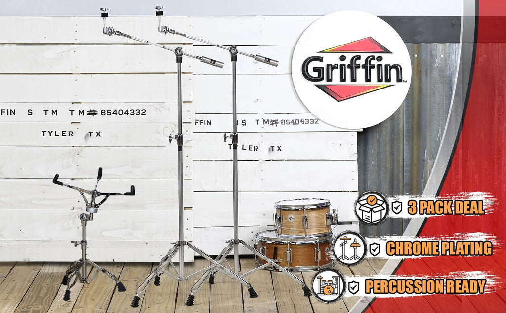 3 PACK - Cymbal Stand With Boom Arm & Snare Drum Stand Kit by GRIFFIN | Percussion Chrome Gear Hardware Set with Double Braced Legs | Counterweight Adapter for Mounting Crash, Ride, Splash Cymbals GeekStands.com