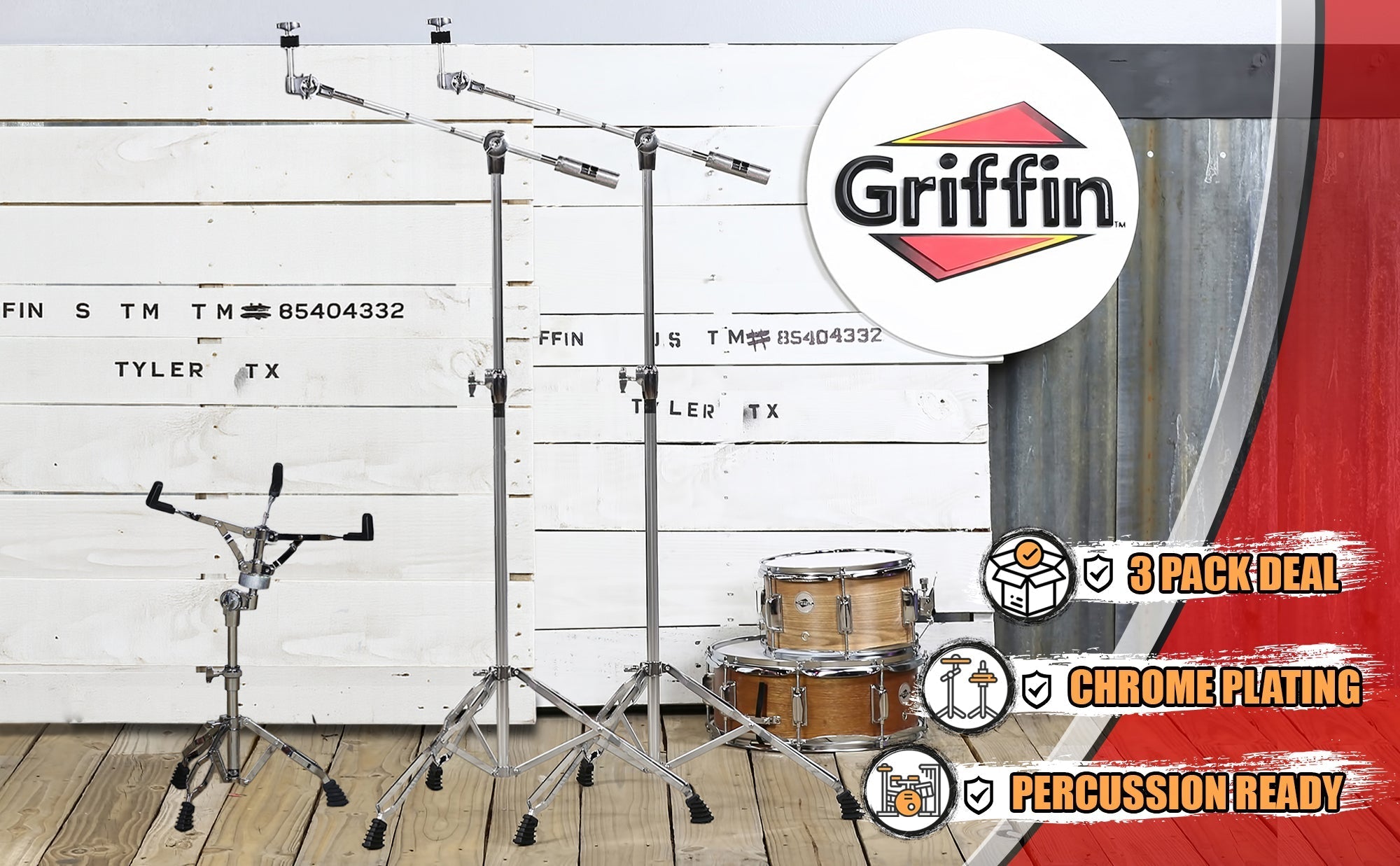 3 PACK - Cymbal Stand With Boom Arm & Snare Drum Stand Kit by GRIFFIN | Percussion Chrome Gear Hardware Set with Double Braced Legs | Counterweight Adapter for Mounting Crash, Ride, Splash Cymbals GeekStands.com