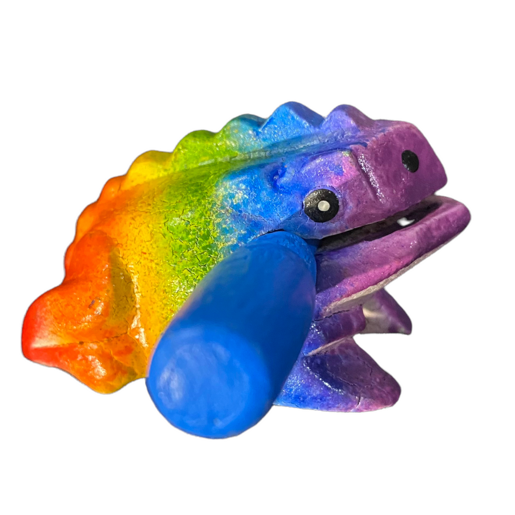 1.5" Wooden Musical Frog - Rainbow Design (Percussion Instrument) Music Frog Co