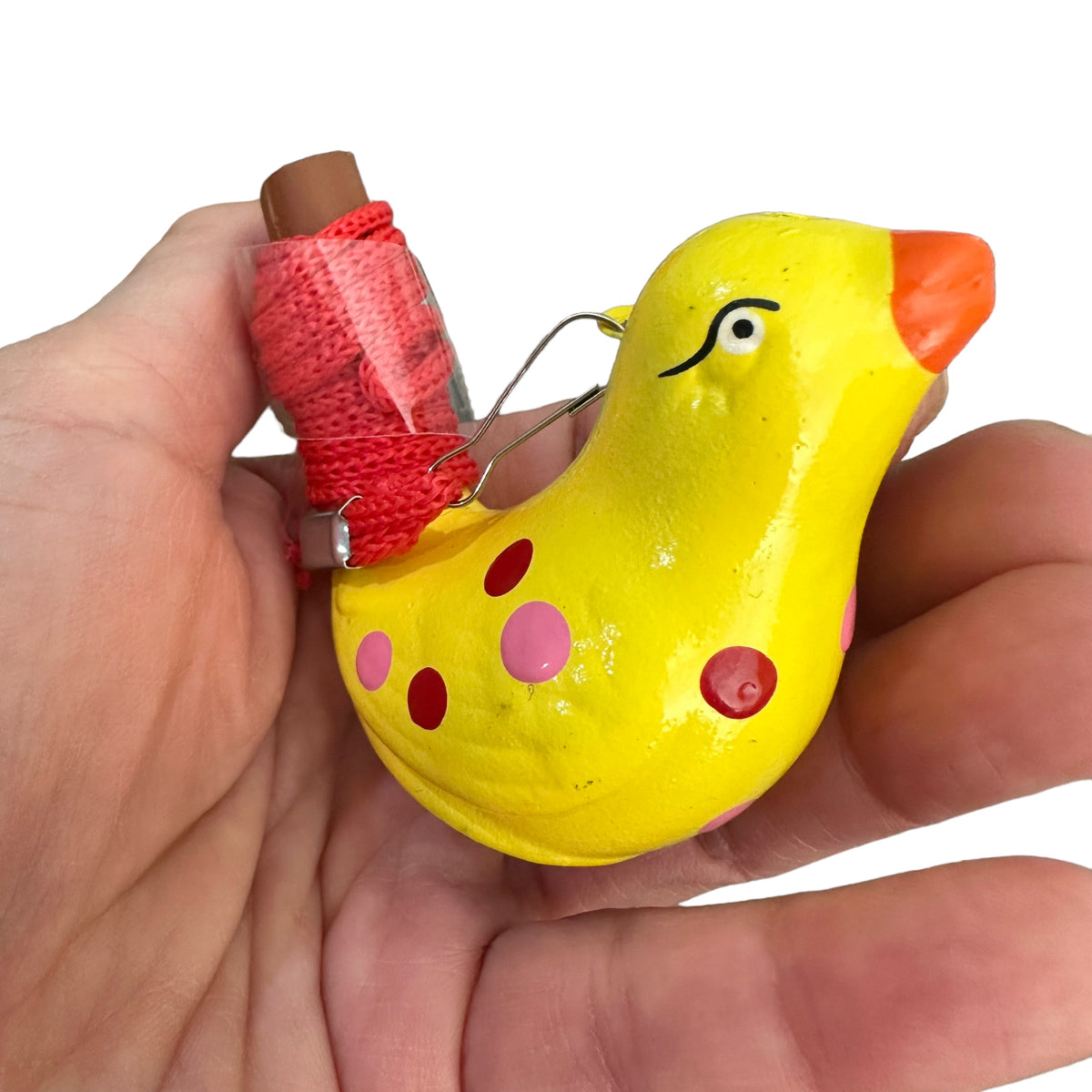 Clay Water Whistle Bird (Yellow with Dots) Music Frog Co