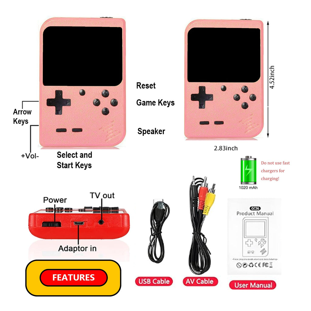 Handheld Video Game Console for Kids Portable Player Mini Arcade Electronic Toy, 400 Games Pink The Noodley