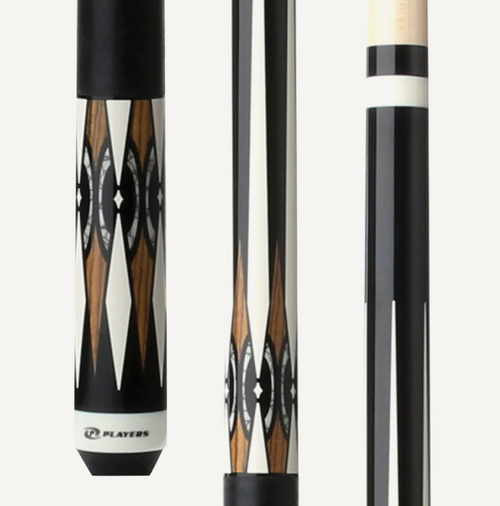 Players Midnight Black w/Imt. Bone, Bacote & White Recon Graphic, Solid Black Linen Wrap Cue Stick C.P.Dean Company
