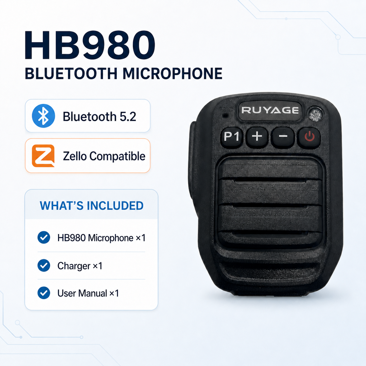 RUYAGE HB980 Bluetooth PTT Microphone for Zello – IP66 Ruyage Radio