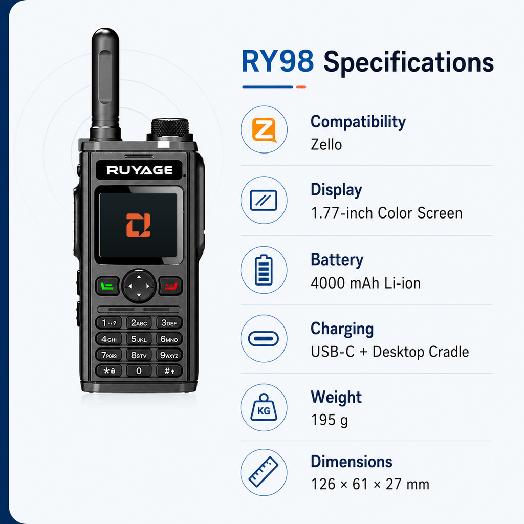 RUYAGE RY98 Zello-Compatible 4G LTE Walkie Talkie Phone with Keypad Ruyage Radio