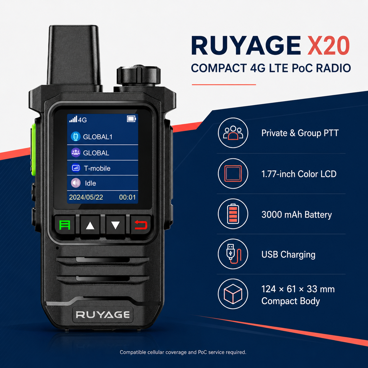 RUYAGE X20 Lightweight 4G LTE PoC Walkie Talkie – 1-Year Service Ruyage Radio