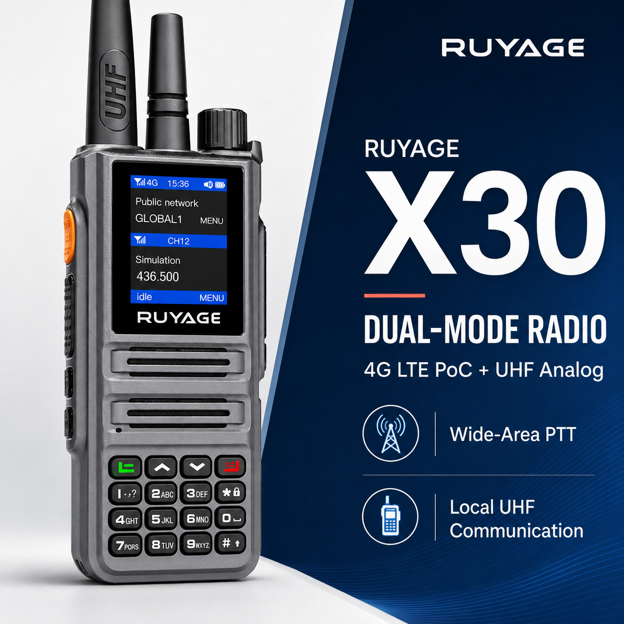 RUYAGE X30 Dual-Mode 4G LTE PoC & 5W UHF Two-Way Radio – IP54 Ruyage Radio