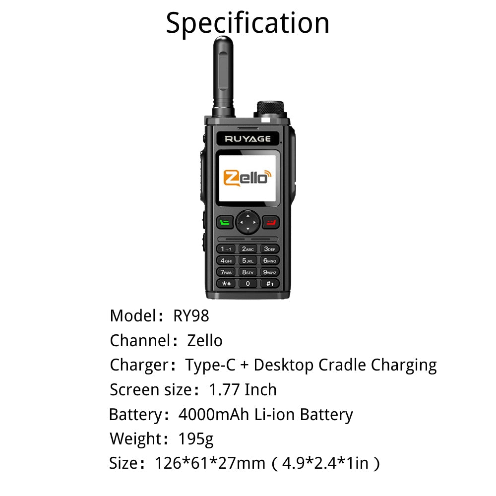 Ruyage RY98 Zello Push-to-Talk 4G LTE Long Range PoC Radio Ruyage Radio