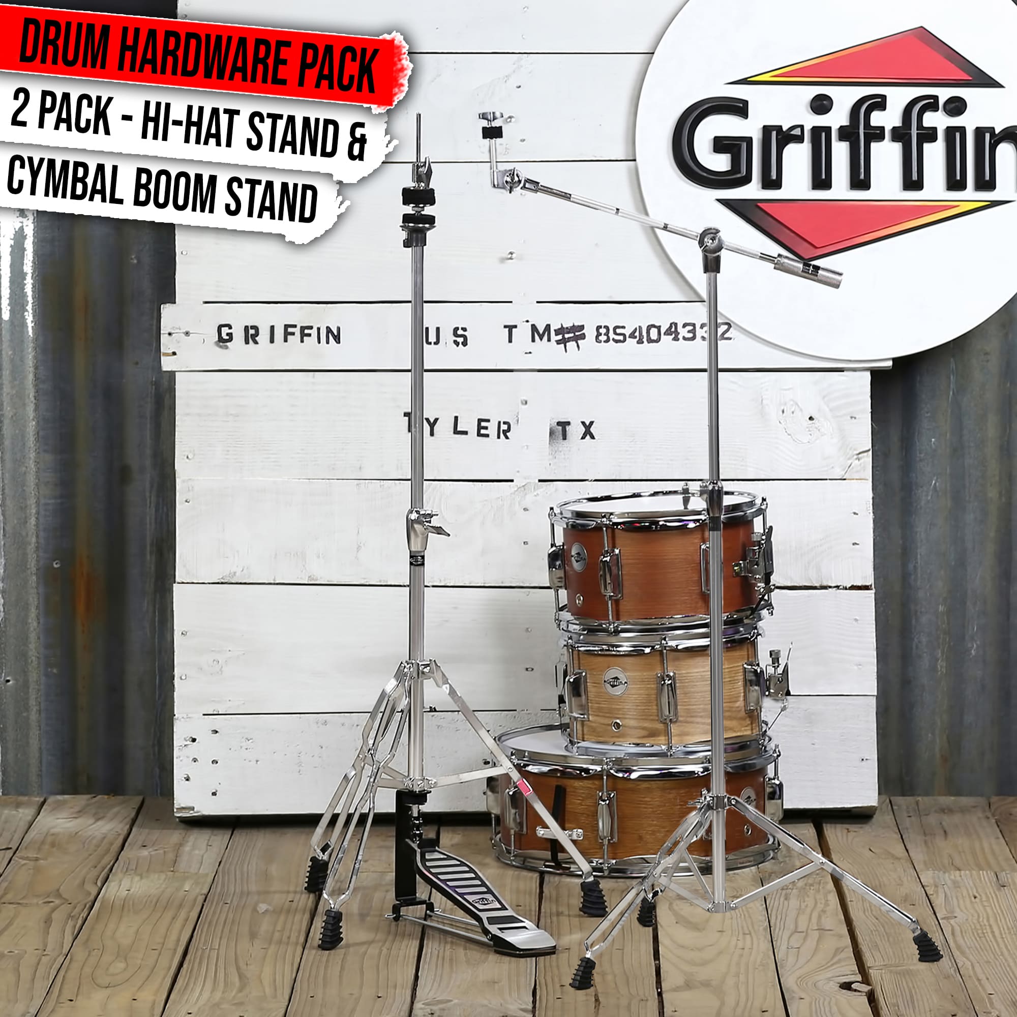 2-Pack Hi-Hat Stand & Cymbal Boom Stand Kit by GRIFFIN | Deluxe Chrome Hardware with Hi-Hat Pedal, Pull Chain & Double-Braced Legs | Counterweight Adapter for Crash, Ride, & Splash Cymbals GeekStands.com