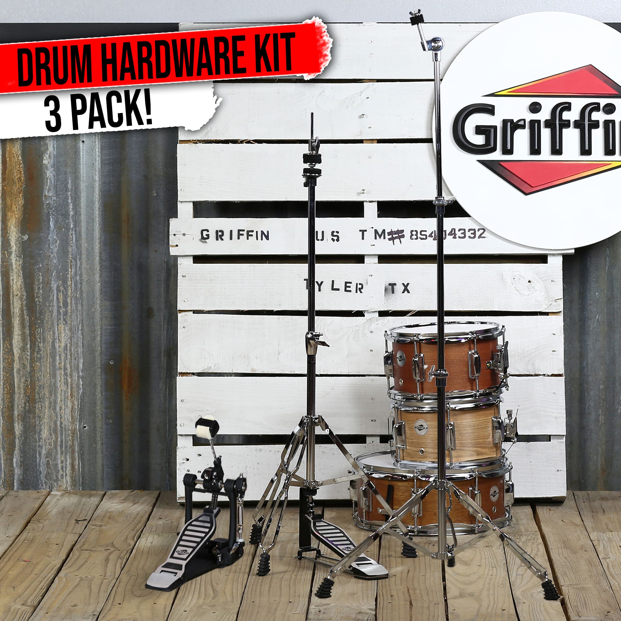 3 PACK - Hi-Hat Stand, Kick Drum Pedal & Straight Cymbal Stand Hardware Kit by GRIFFIN | Deluxe Full Size Percussion Chrome Hardware Set | Lightweight, Portable & Mobile, Perfect for Drummer Gigs GeekStands.com