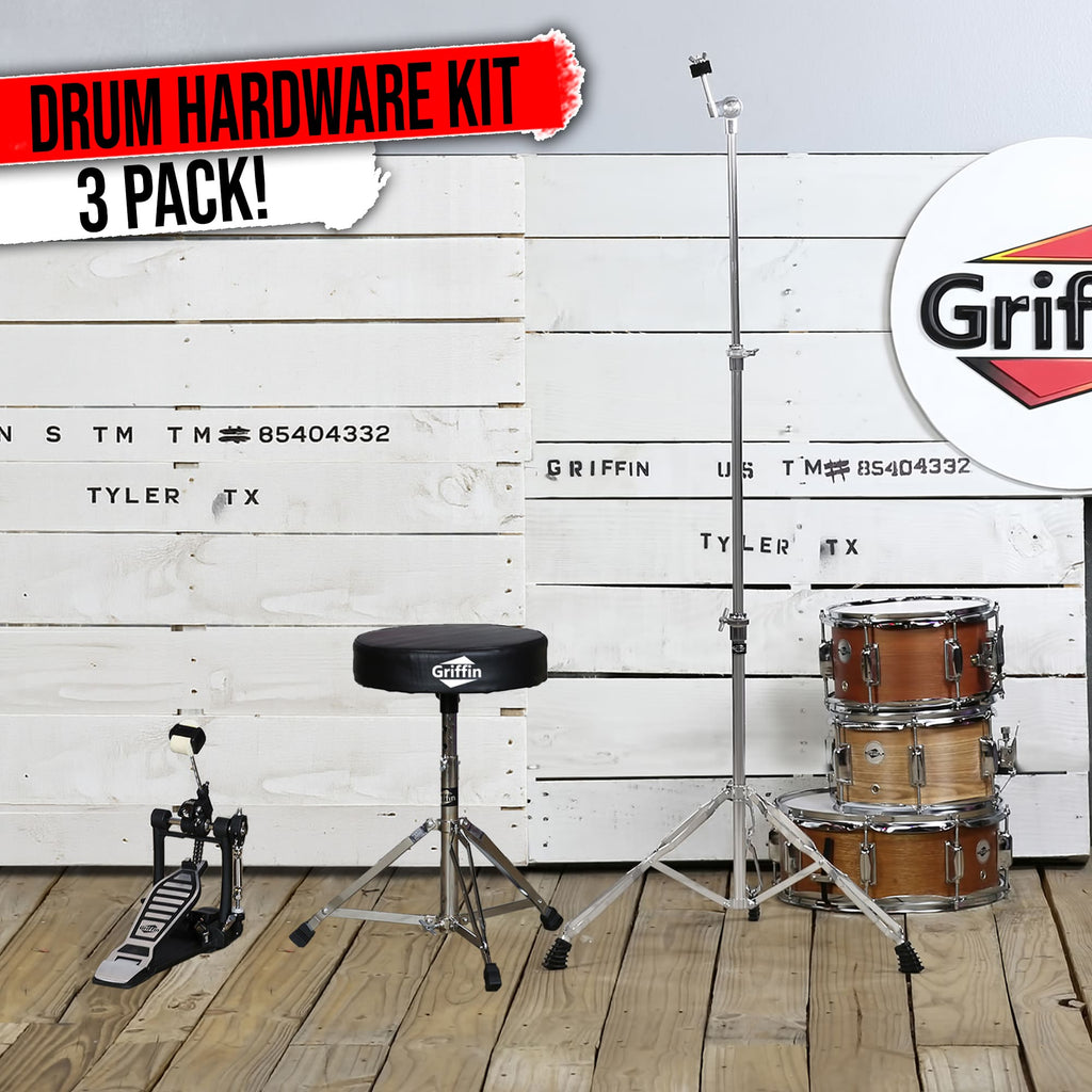 3 PACK GRIFFIN Drum Hardware Set - Kick Drum Pedal, Drummers Throne Seat & Straight Cymbal Stand | Deluxe Chrome Slip-Proof Gear Holder Percussion Set for Mounting Crash, Ride & Splash Cymbals GeekStands.com