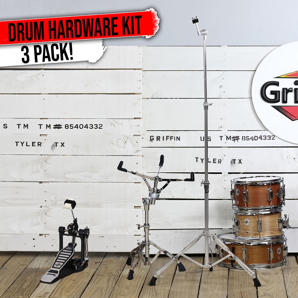Drum Hardware Set 3 PACK by GRIFFIN - Kick Drum Pedal, Snare Stand & Straight Cymbal Stand | Deluxe Double Chain Full Steel Foot Pedal for Intense Play | Slip-Proof Gear Tilter & Clamp Basket Holder GeekStands.com