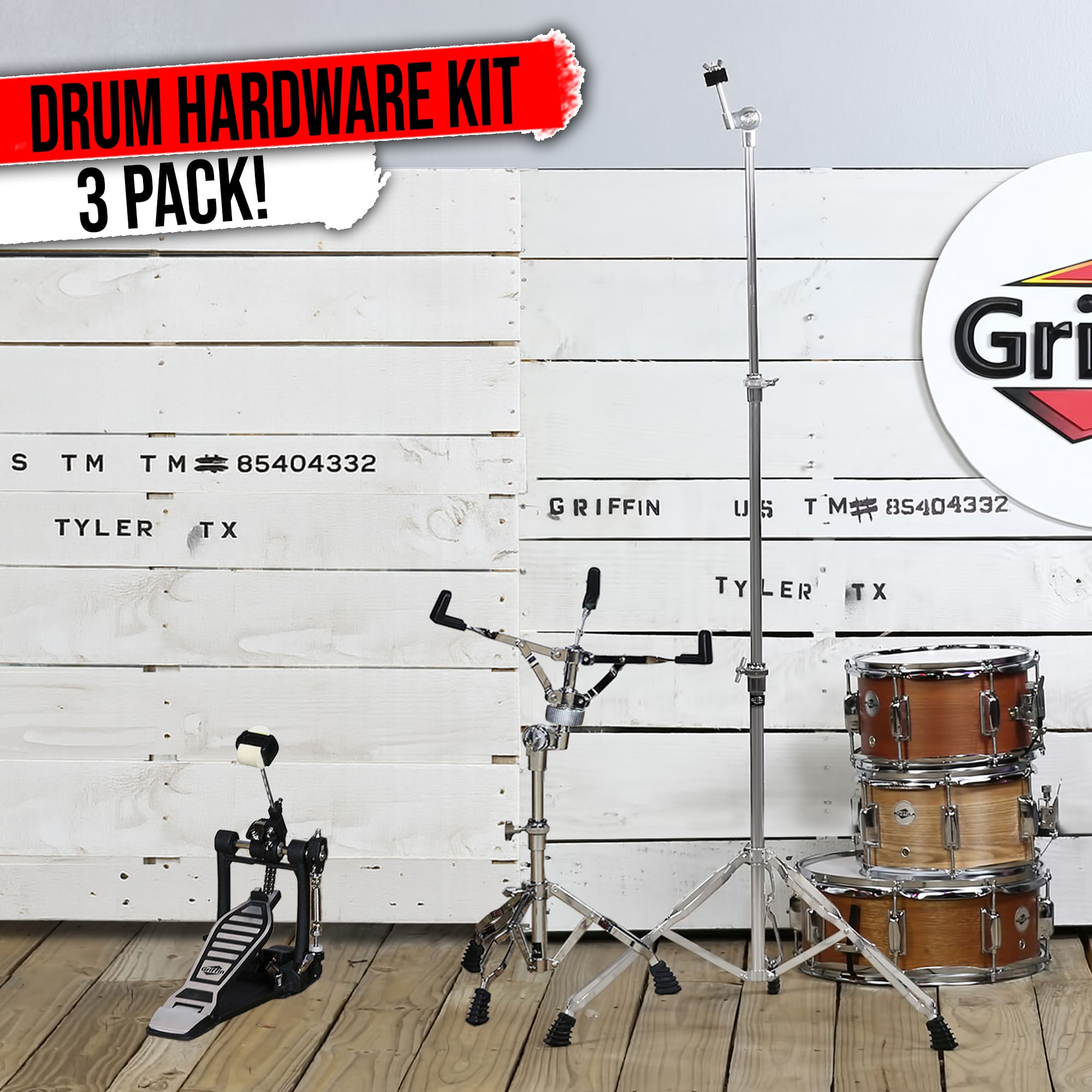 Drum Hardware Set 3 PACK by GRIFFIN - Kick Drum Pedal, Snare Stand & Straight Cymbal Stand | Deluxe Double Chain Full Steel Foot Pedal for Intense Play | Slip-Proof Gear Tilter & Clamp Basket Holder GeekStands.com