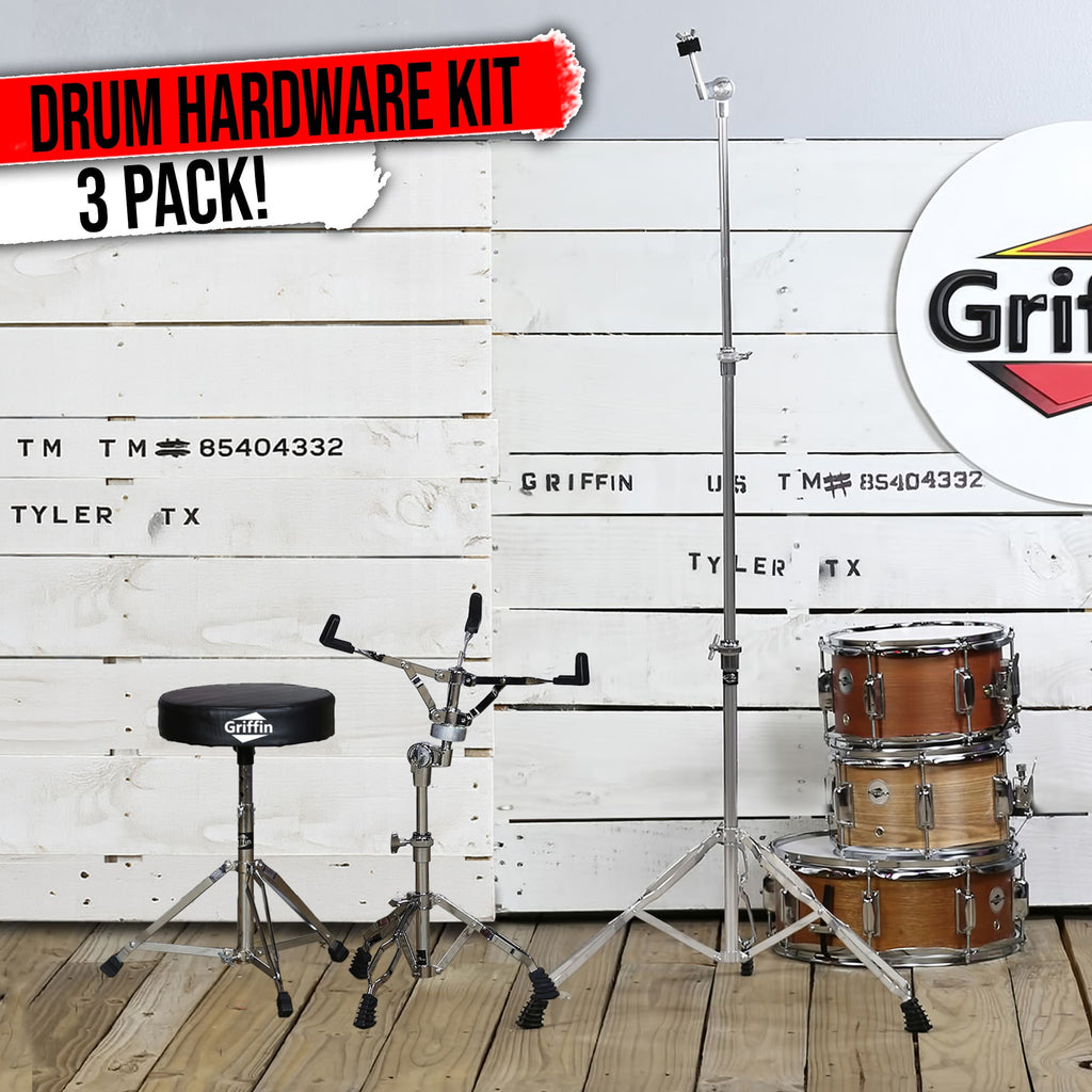 Drummers Throne Seat, Snare Drum Stand & Straight Cymbal Stand Hardware Set 3 PACK by GRIFFIN | Comfortable Percussion Chair for Adults | Light Weight Mount for Standard Drums, Tom-Toms & Practice Pad GeekStands.com
