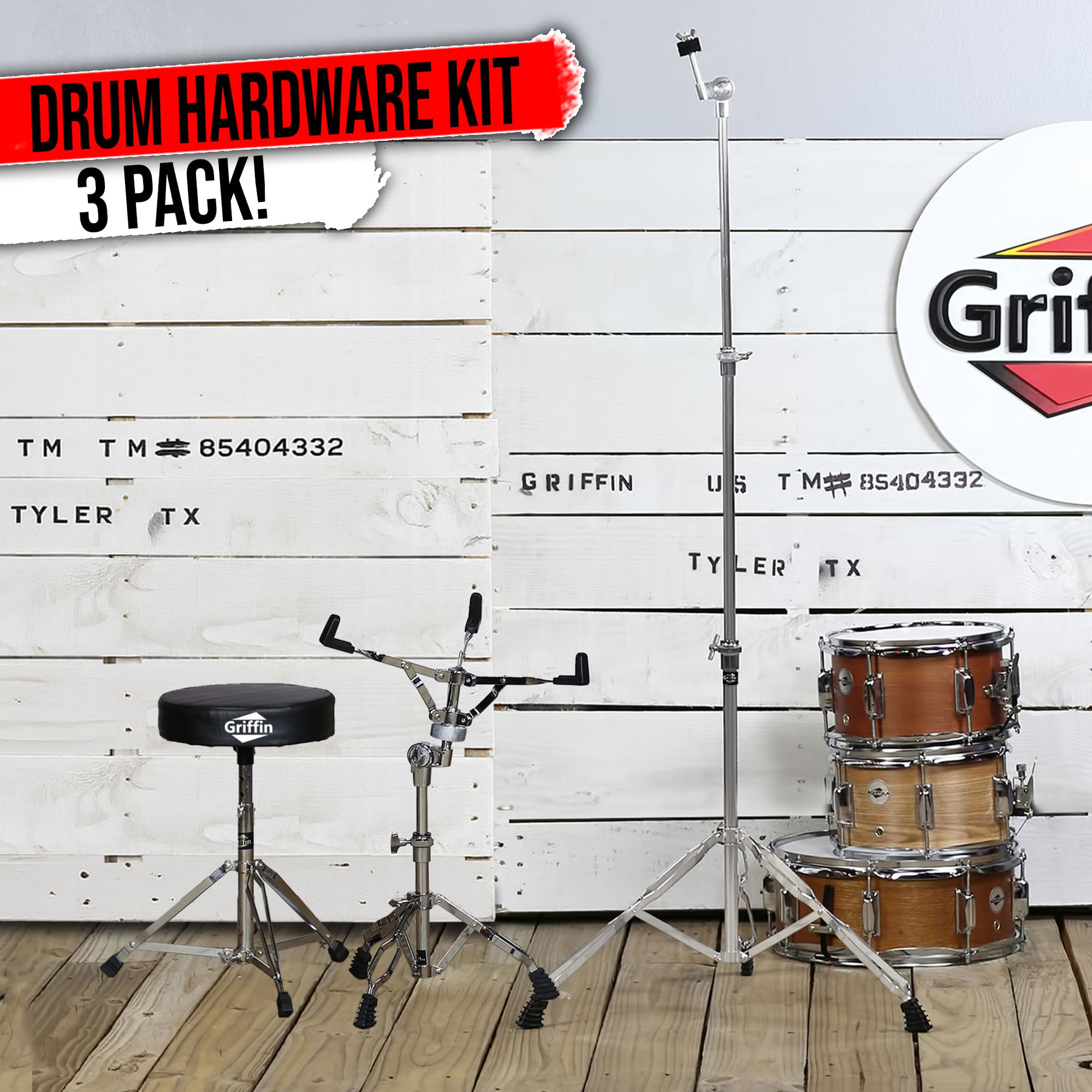 Drummers Throne Seat, Snare Drum Stand & Straight Cymbal Stand Hardware Set 3 PACK by GRIFFIN | Comfortable Percussion Chair for Adults | Light Weight Mount for Standard Drums, Tom-Toms & Practice Pad GeekStands.com