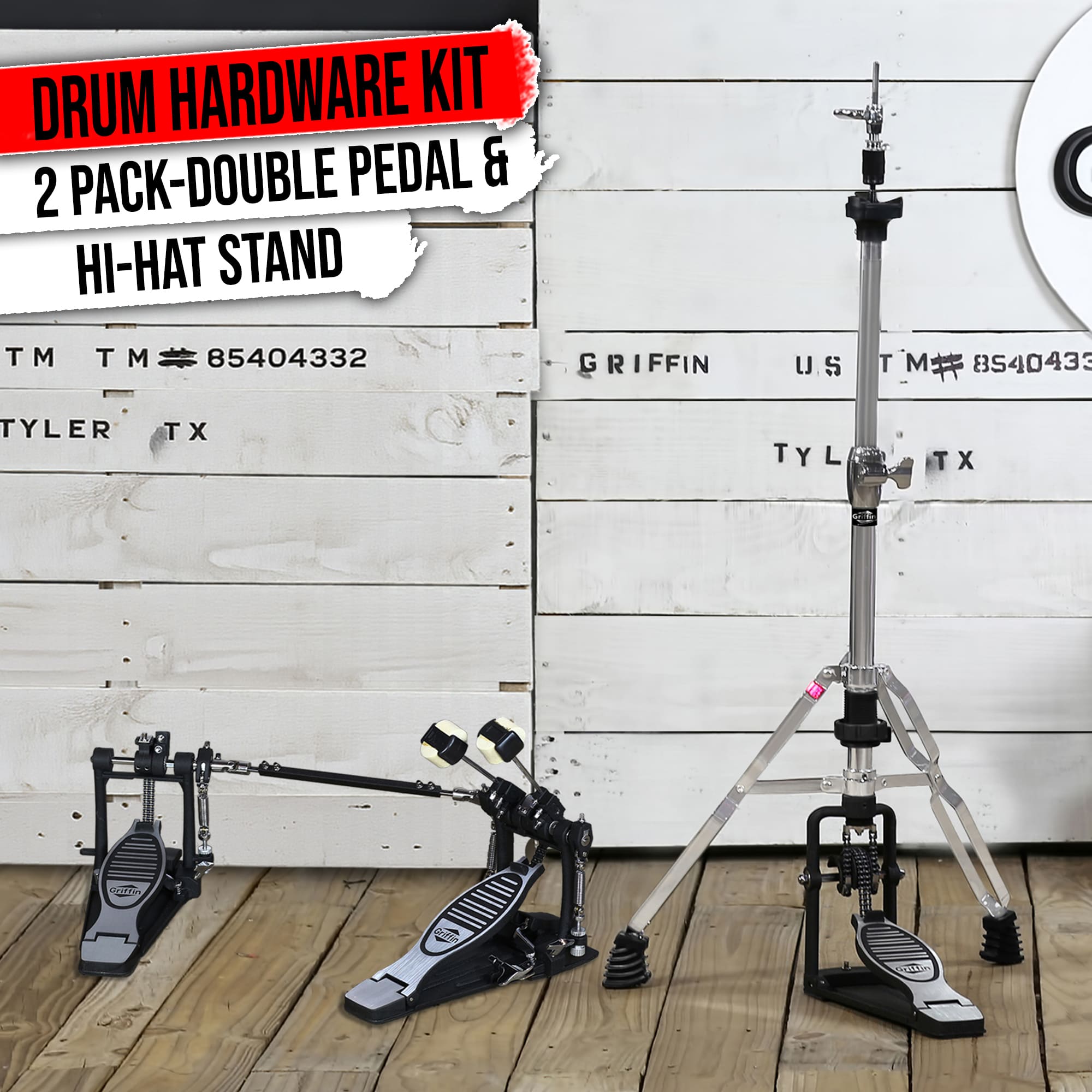 GRIFFIN Deluxe 2-Pack Drum Hardware Kit - Double Kick Drum Bass Pedal & 2-Legged Premium Hi-Hat Stand | Quad Sided Beater Head | Dual Chain Drive System | Impressive Response for Metal & Rock Drummers GeekStands.com