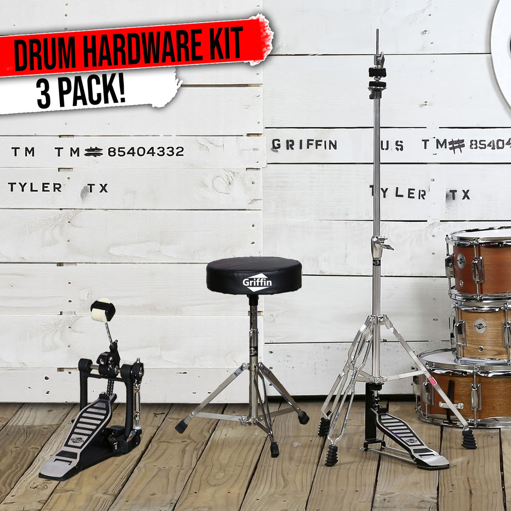 3 PACK GRIFFIN Drum Hardware Set - Bass Drum Kick Pedal, Drummers Throne Seat & Hi-Hat Cymbal Stand | Deluxe Chrome Slip-Proof Gear Holder Percussion Set for Mounting Crash, Ride & Splash Cymbals GeekStands.com