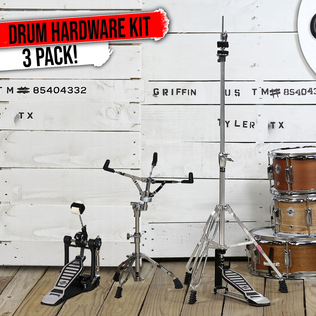 3 PACK - Hi-Hat Stand, Kick Drum Pedal & Snare Stand Hardware Kit by GRIFFIN | Deluxe Full Size Percussion Chrome Hardware Set | Lightweight, Portable & Mobile, Perfect for Drummer Gigs GeekStands.com
