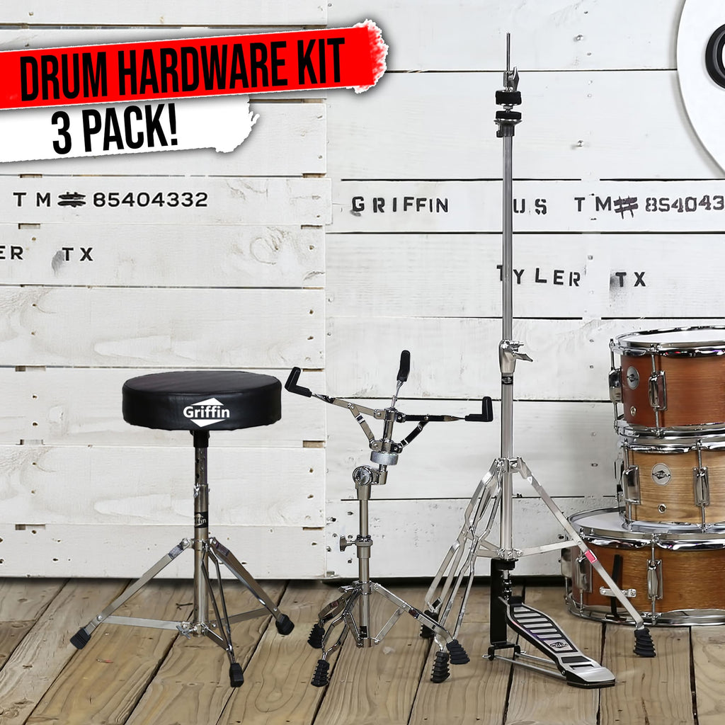 Hi-Hat Stand, Drummers Throne Seat & Snare Stand - 3 PACK Drum Hardware Set by GRIFFIN | Deluxe Chrome Slip-Proof Gear Holder Percussion Kit for Mounting Hihat Cymbals, and Snare Drums GeekStands.com