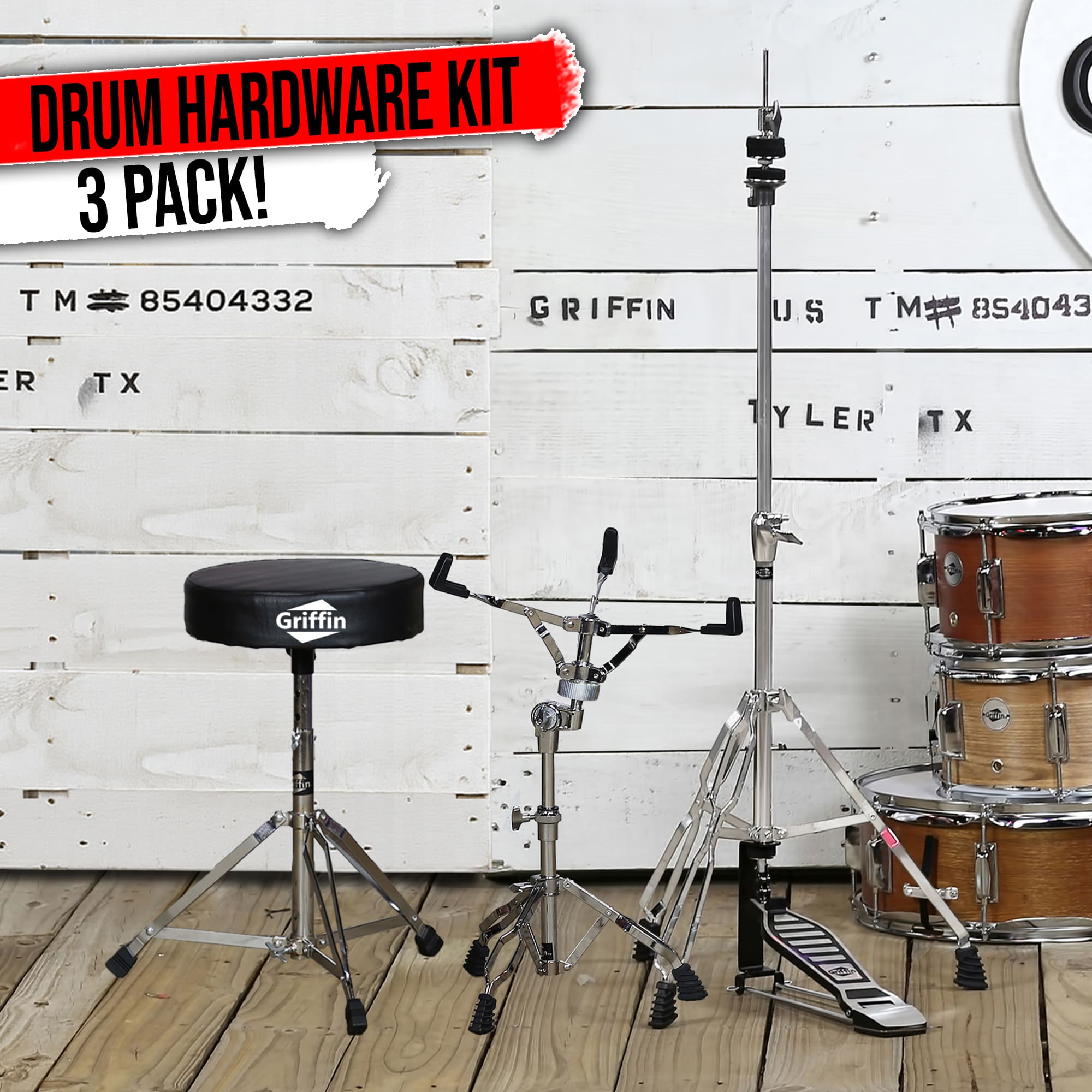 Hi-Hat Stand, Drummers Throne Seat & Snare Stand - 3 PACK Drum Hardware Set by GRIFFIN | Deluxe Chrome Slip-Proof Gear Holder Percussion Kit for Mounting Hihat Cymbals, and Snare Drums GeekStands.com