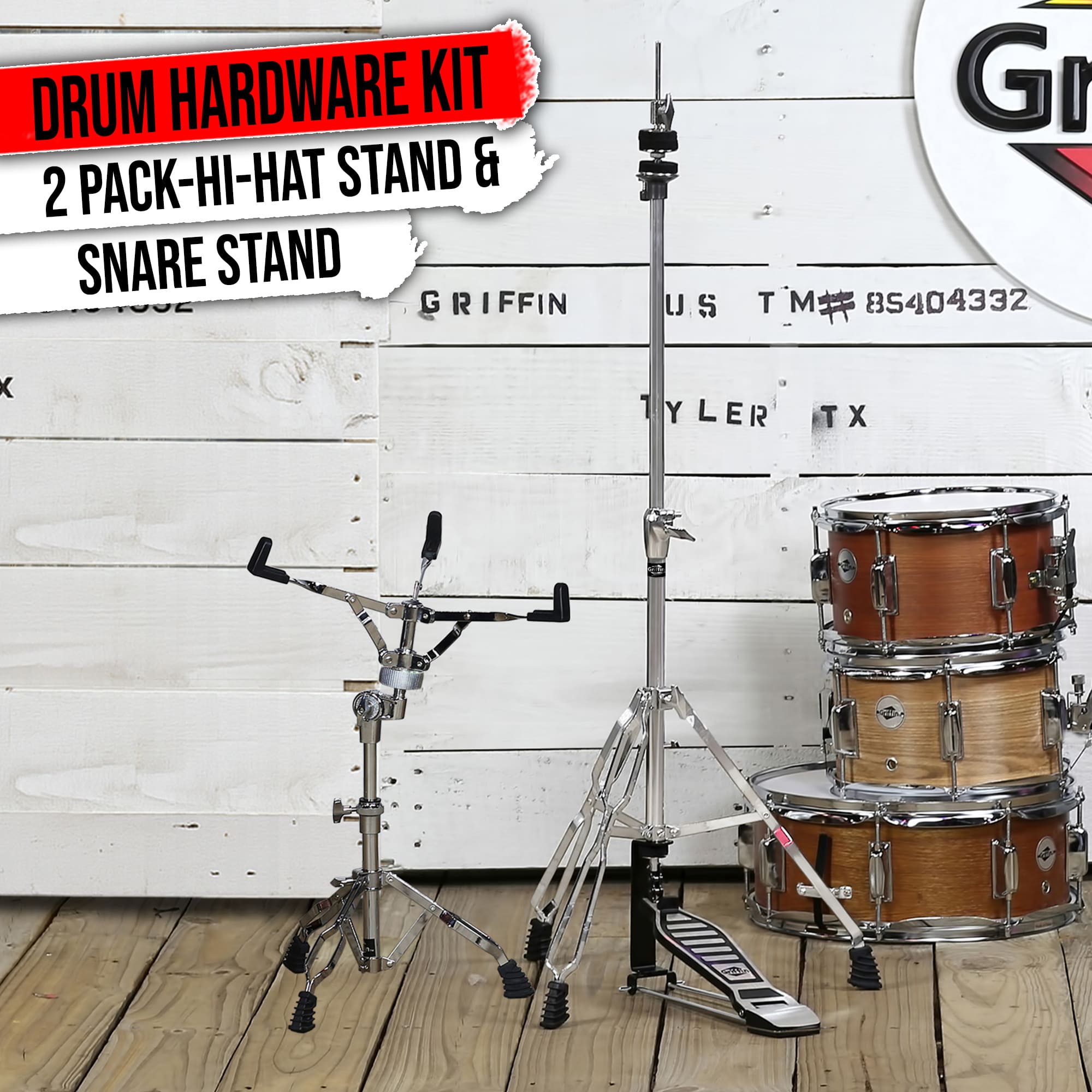 2-PACK Drum Hardware Set- Hi-Hat Stand & Snare Drum Stand by GRIFFIN | Hi Hat Cymbal Pedal With Pull Chain | Chrome Double Braced Kit | Mount Basket for Standard Snares, Tom Drums & Practice Pad GeekStands.com