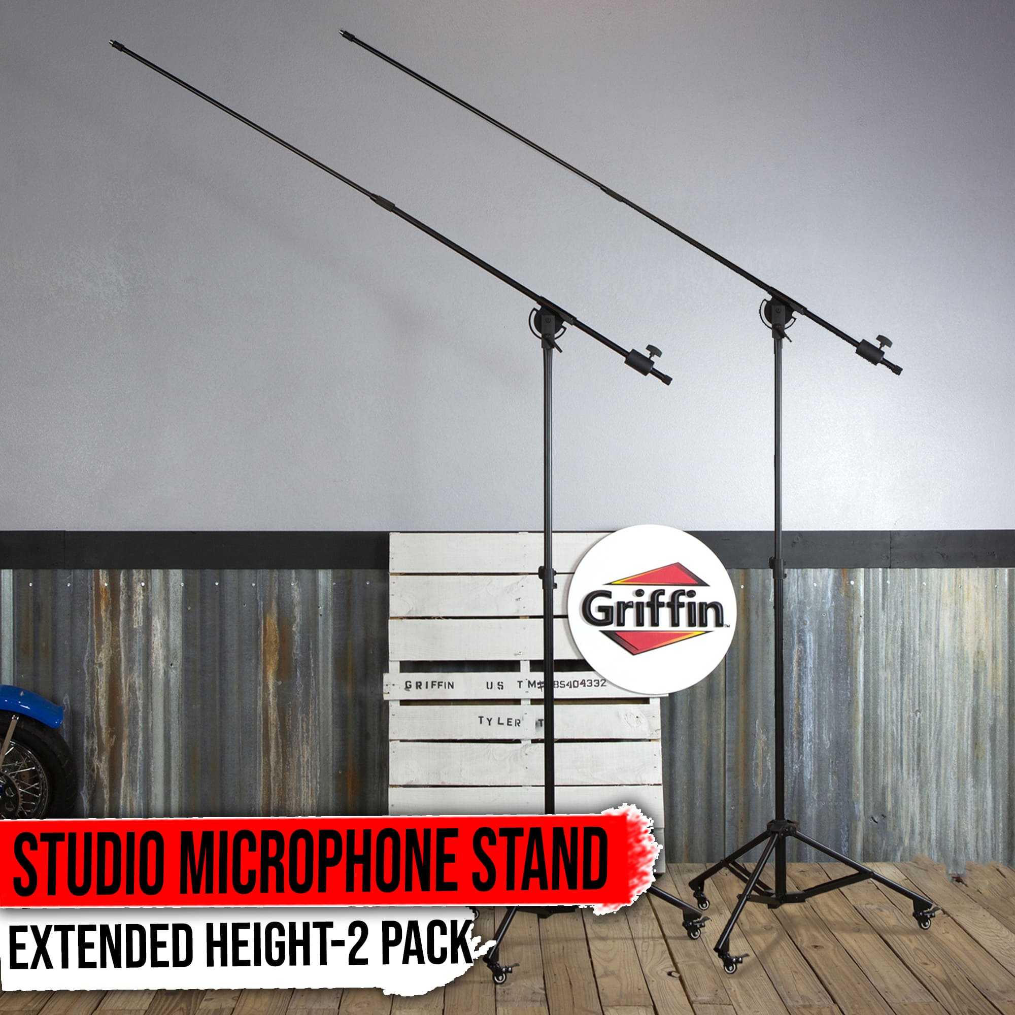 2 PACK - Professional Studio Microphone Boom Stand with Wheels by GRIFFIN | Extended Reach Height Mic Holder for Recording & Stages | Tall Telescoping Arm Mount & Retractable Tripod Legs on Casters GeekStands.com