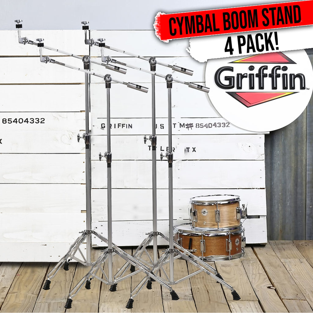 4 PACK Cymbal Boom Stands by GRIFFIN | Drum Kit Percussion Gear Chrome Hardware Set with Double Braced Tripod Legs | Drummers Counterweight Adapter for Mounting Heavy Duty Crash, Ride, Splash Cymbals GeekStands.com