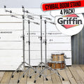 4 PACK Cymbal Boom Stands by GRIFFIN | Drum Kit Percussion Gear Chrome Hardware Set with Double Braced Tripod Legs | Drummers Counterweight Adapter for Mounting Heavy Duty Crash, Ride, Splash Cymbals GeekStands.com