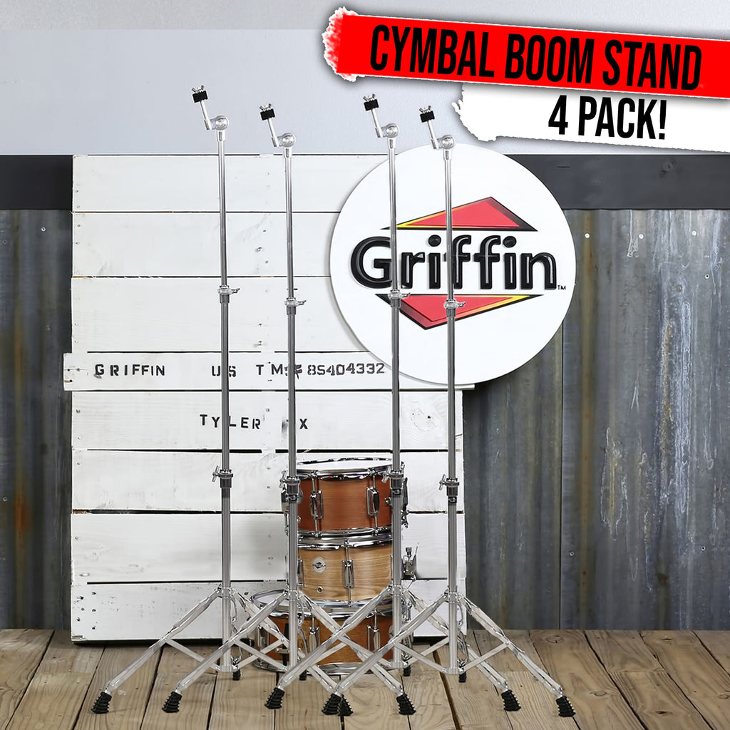 4 PACK - Straight Cymbal Stand Set by GRIFFIN | Double Braced Legs, Slip-Proof Gear Holder & Light-Duty for Mobile Drummers | Percussion Chrome Drum Hardware Kit for Mounting Crash & Splash Cymbals GeekStands.com