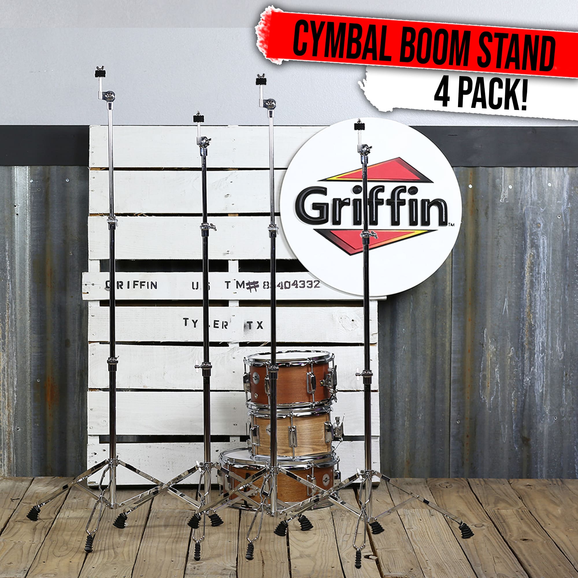 Straight Cymbal Stand Set (4-Pack ) by GRIFFIN - Double-Braced Legs, Slip-Proof Gear Holder & Lightweight for Mobile Drummers - Chrome Percussion Kit for Mounting Crash & Splash Cymbals GeekStands.com