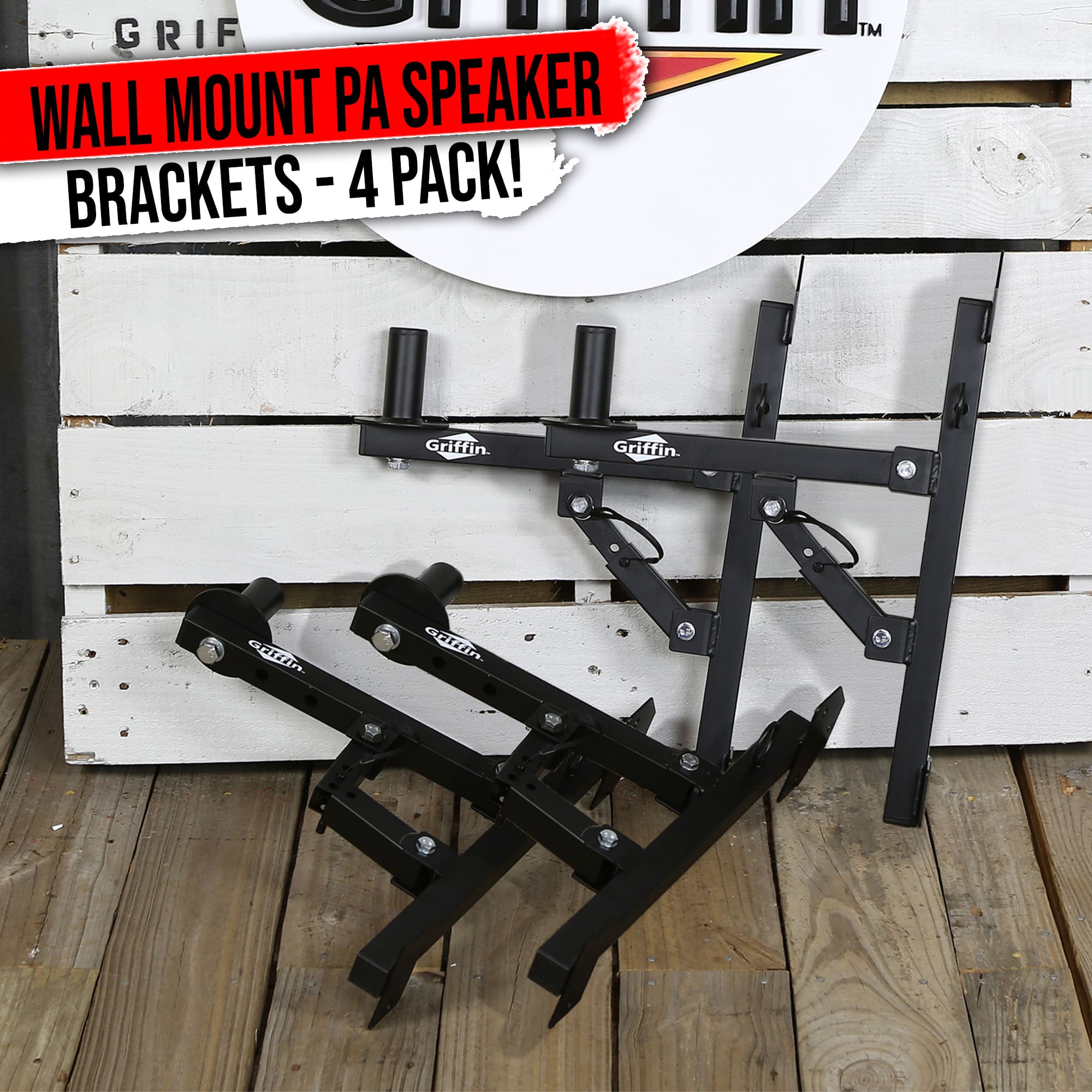 4-PACK Wall Mount Brackets for PA Speakers By GRIFFIN | Securing Locking Pin & 3 Horizontal Level Tilt Adjustments | DJ On Stage Studio Monitor Stands | All Steel Pro-Audio Speaker 35mm Pole Holder GeekStands.com