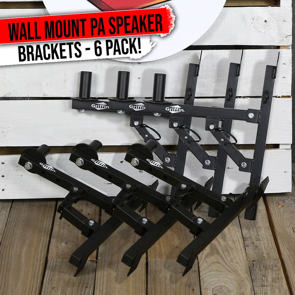 6-PACK PA Speaker Wall Mount Bracket Stands By GRIFFIN | All Steel Pro-Audio Speaker 35mm Pole Holder | Securing Locking Pin & 3 Horizontal Level Tilt Adjustments | DJ On Stage Studio Monitor Holders GeekStands.com