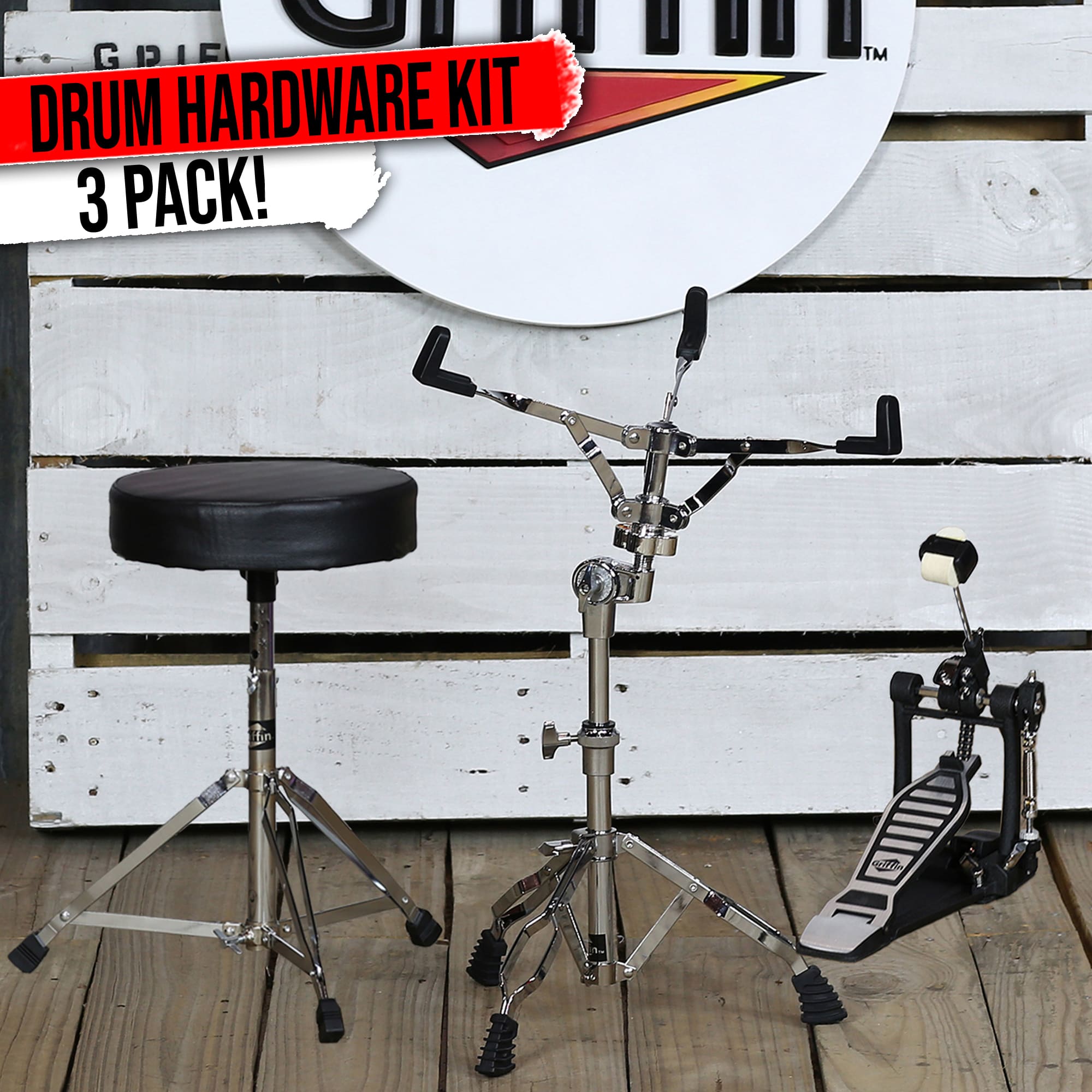 GRIFFIN 3 Pack Set- Single Kick Bass Pedal, Drum Throne & Snare Stand Set by GRIFFIN | Double Chain Foot Percussion Hardware Kit for Intense Play | Comfortable Drum Seat Percussion Chair for Adults GeekStands.com
