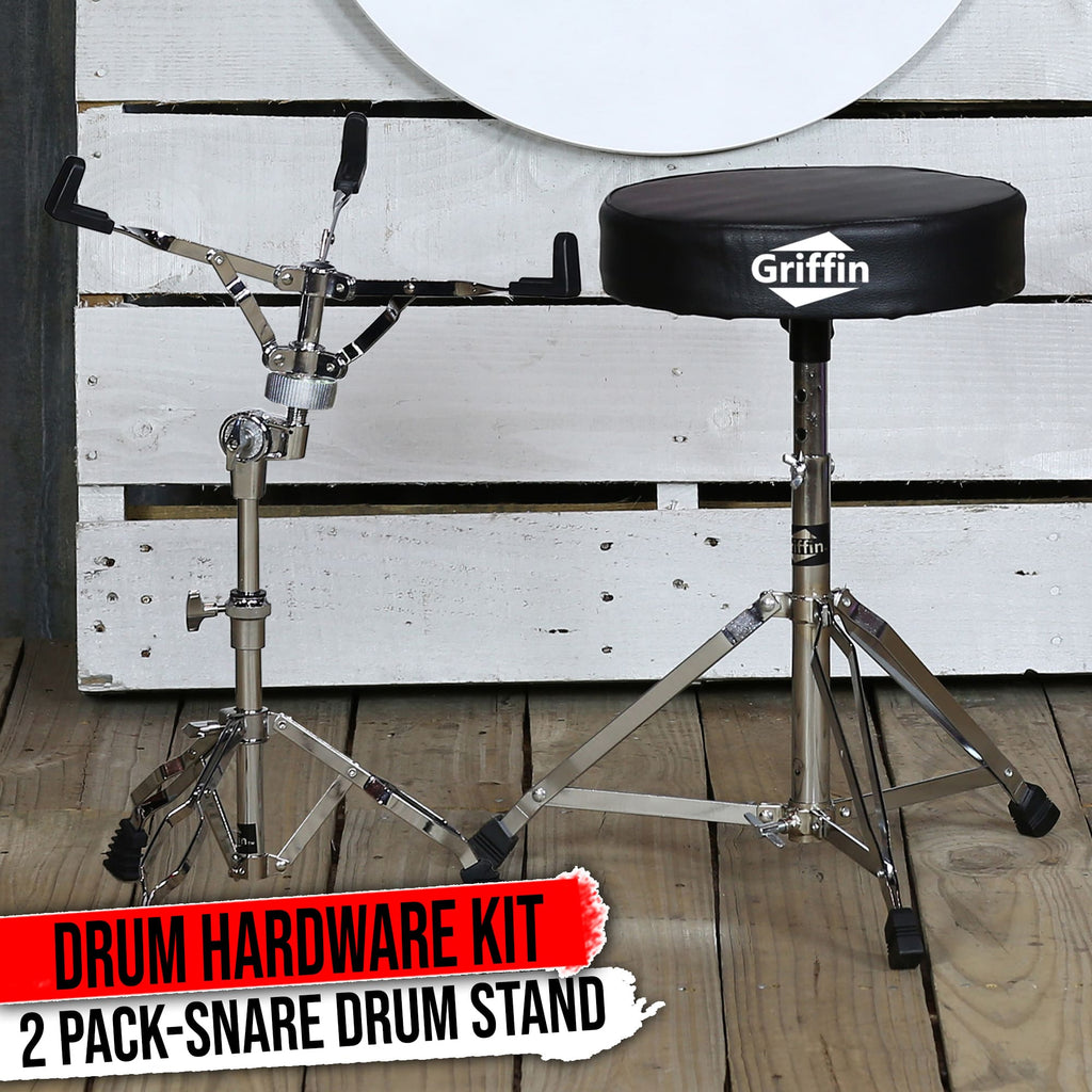 Snare Stand & Drum Throne 2-PACK Set by GRIFFIN | Percussion Chrome Hardware Kit & Double Braced Light-Weight Mount for Standard Snares, Tom-Toms & Practice Pad | Slip-Proof Gear Tilter & Clamp Holder GeekStands.com