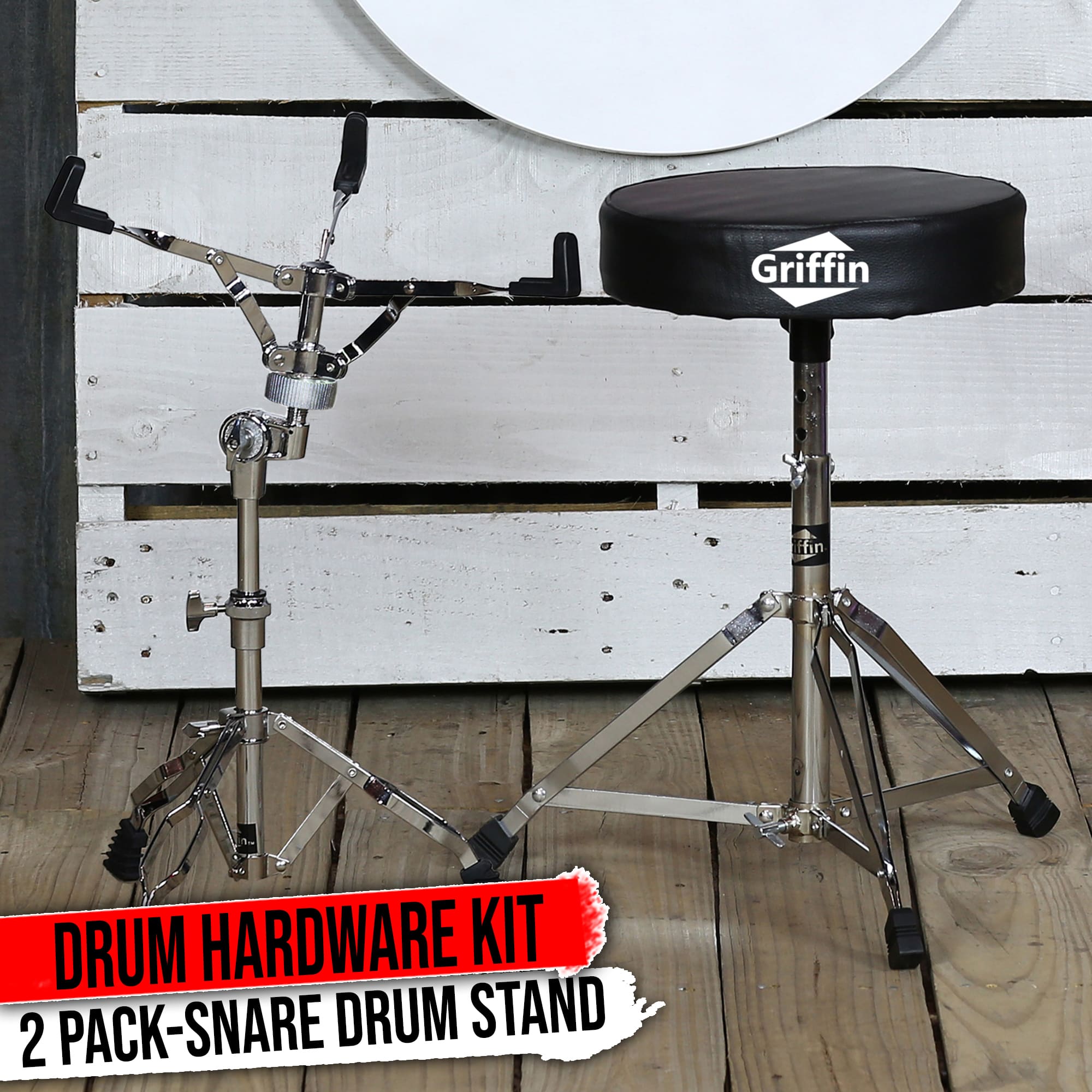 Snare Stand & Drum Throne 2-PACK Set by GRIFFIN | Percussion Chrome Hardware Kit & Double Braced Light-Weight Mount for Standard Snares, Tom-Toms & Practice Pad | Slip-Proof Gear Tilter & Clamp Holder GeekStands.com