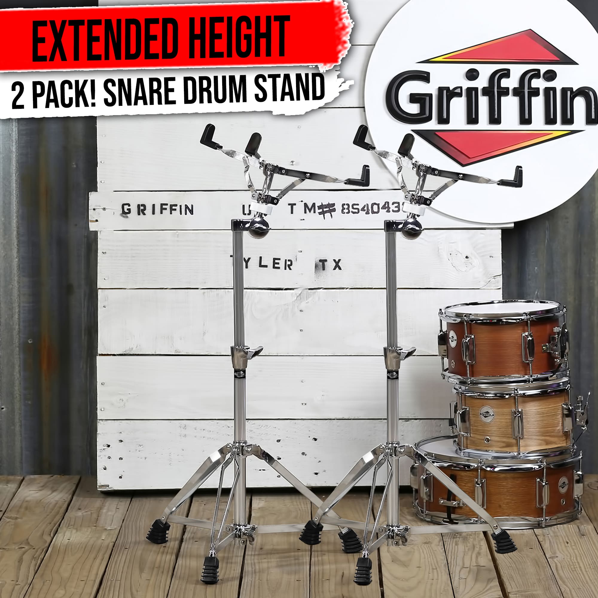 2-PACK- Concert Stand Up Snare Drum Stands by GRIFFIN | Tall Adjustable Chrome Height Stand For Drummers Percussion Practice Pads & Drums | Extended Height Drum Hardware Mount Holder With Basket Clamp GeekStands.com