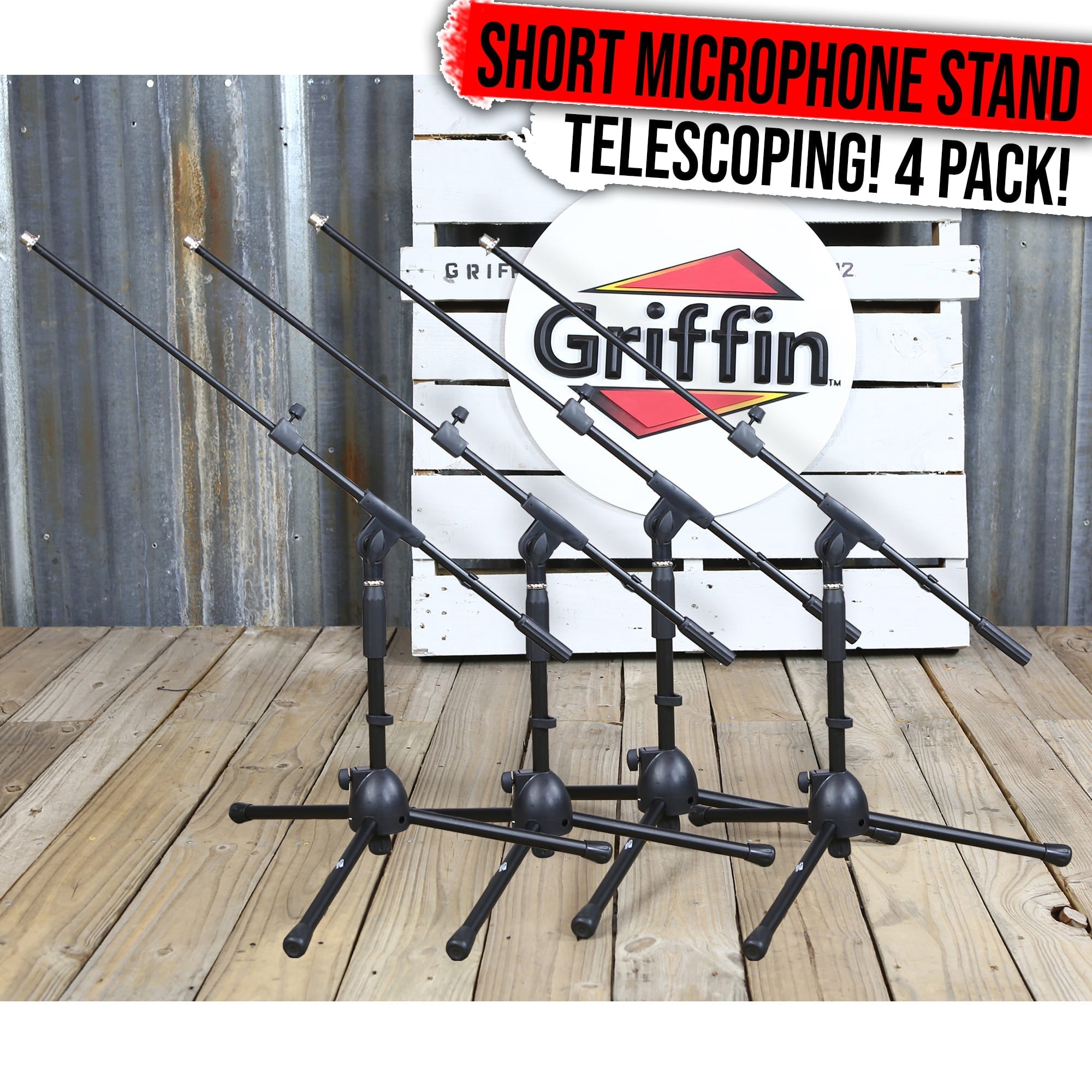 4 PACK - GRIFFIN Low Profile Microphone Stand | Short Tripod Mic Stand Mount with Boom Arm for Bass Drum, Studio Recording, Stage Monitor Speakers & Guitar Amplifiers | Small Height Telescoping Holder GeekStands.com