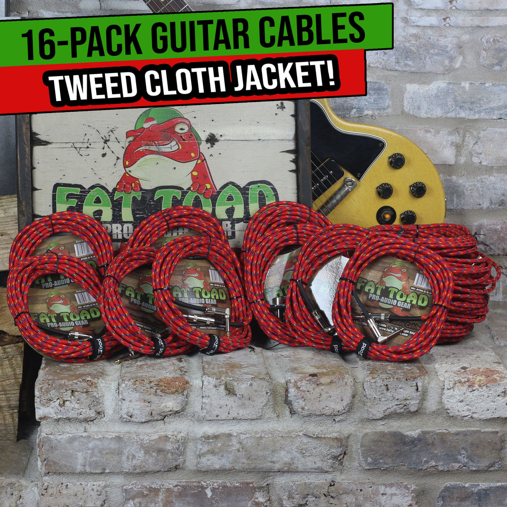 16 PACK - FAT TOAD Guitar Cords Right Angle to Straight-End Instrument Cable Tweed Cloth Jacket | Braided Woven 20FT 1/4 Inch Jack TS for Electric Guitar, Bass, AMP | Shielded 24 AWG Patch Conductor GeekStands.com