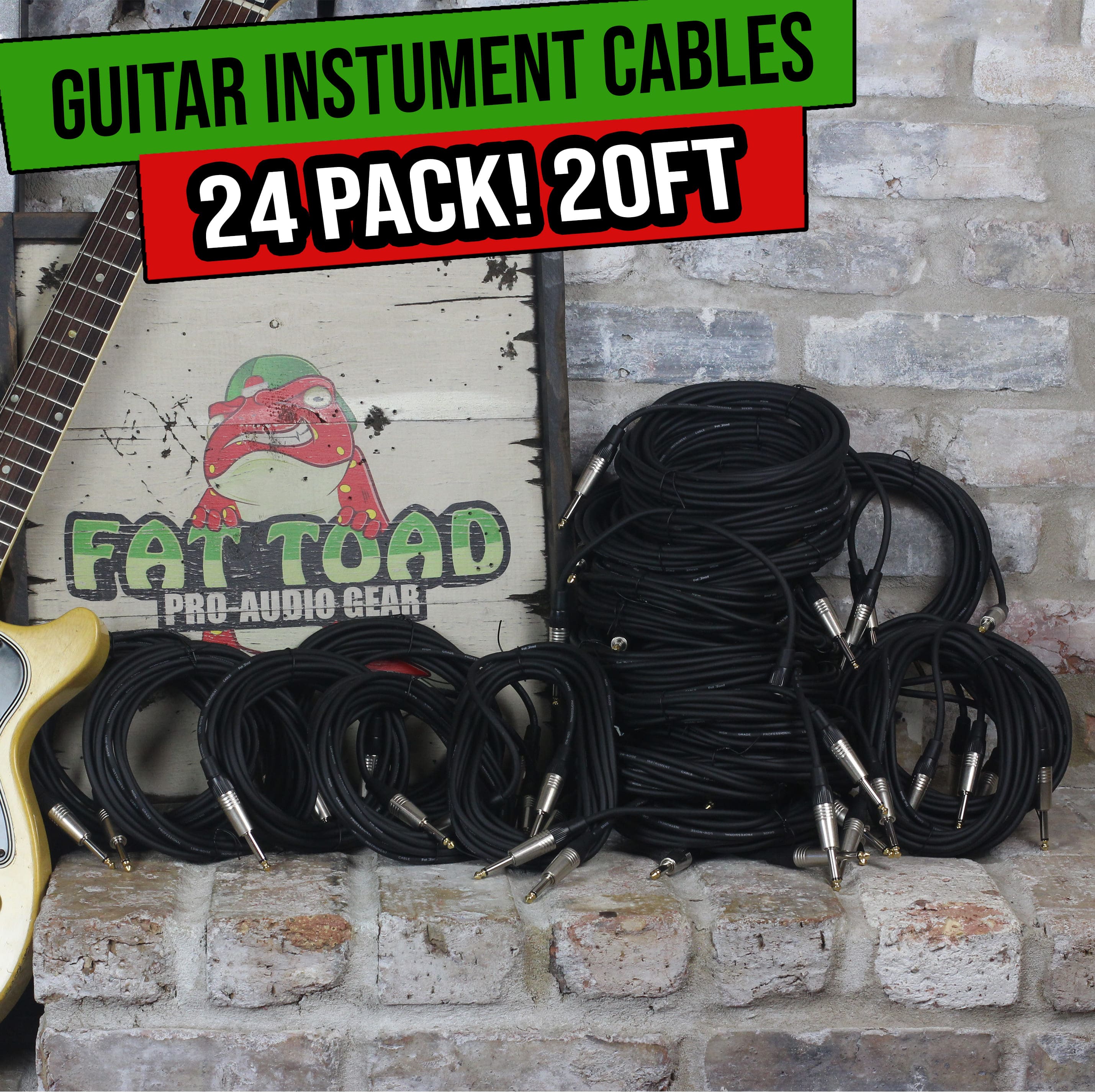 24 PACK - FAT TOAD 20FT Guitar Cords Instrument Cables | 24 AWG Patch Conductor for Electric Guitar, Bass, Amplifier, Speaker, Keyboard & Recording Studio | Shielded 1/4 Inch Gold Straight-End Wires GeekStands.com