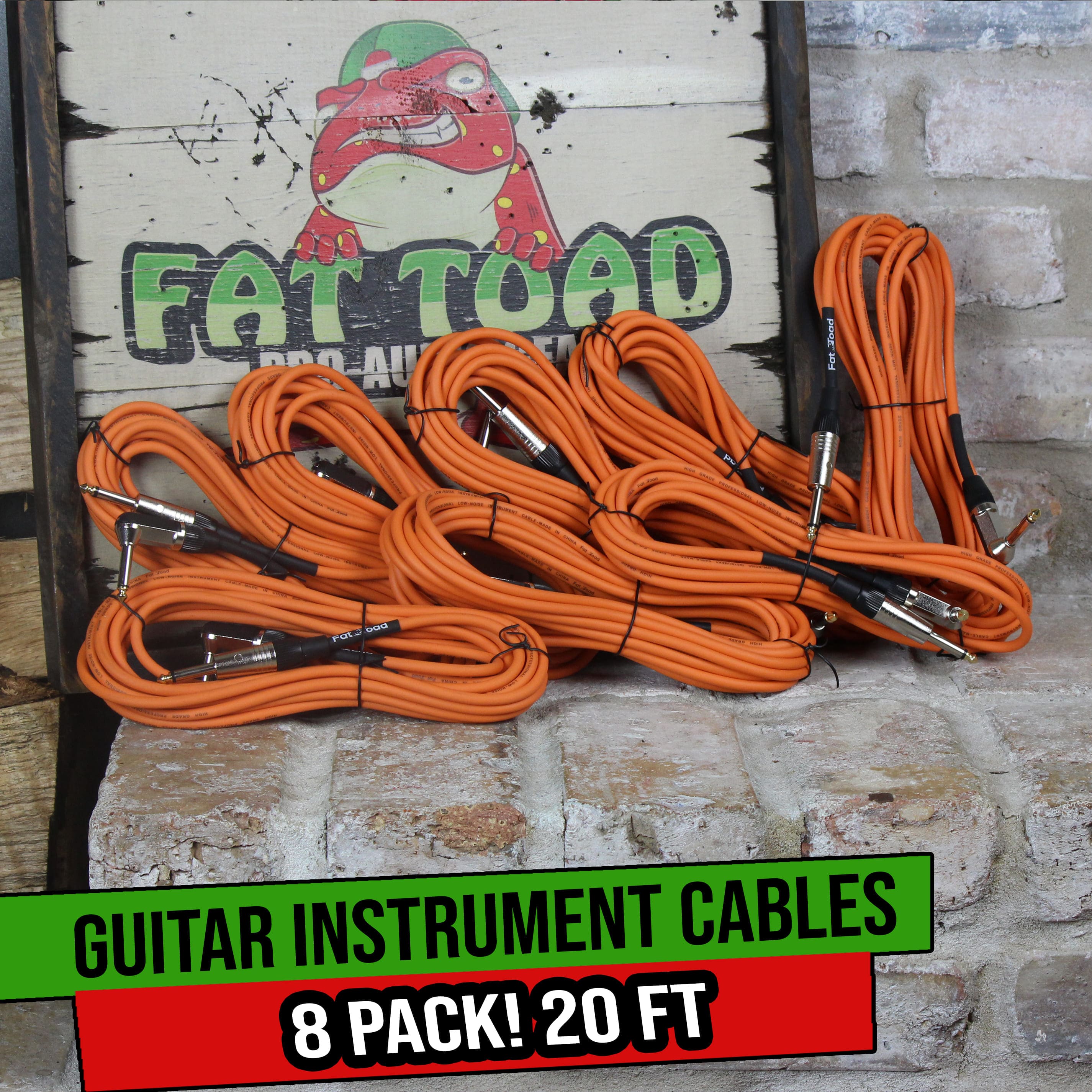 8 PACK - Guitar Cables Right Angled Instrument Cords by FAT TOAD | 20FT 1/4 Quarter Inch Straight-End 24 GA Wires for Electric Guitar Pedal, Bass, Keyboards, Speaker Amplifier & Audio Studio Recording GeekStands.com