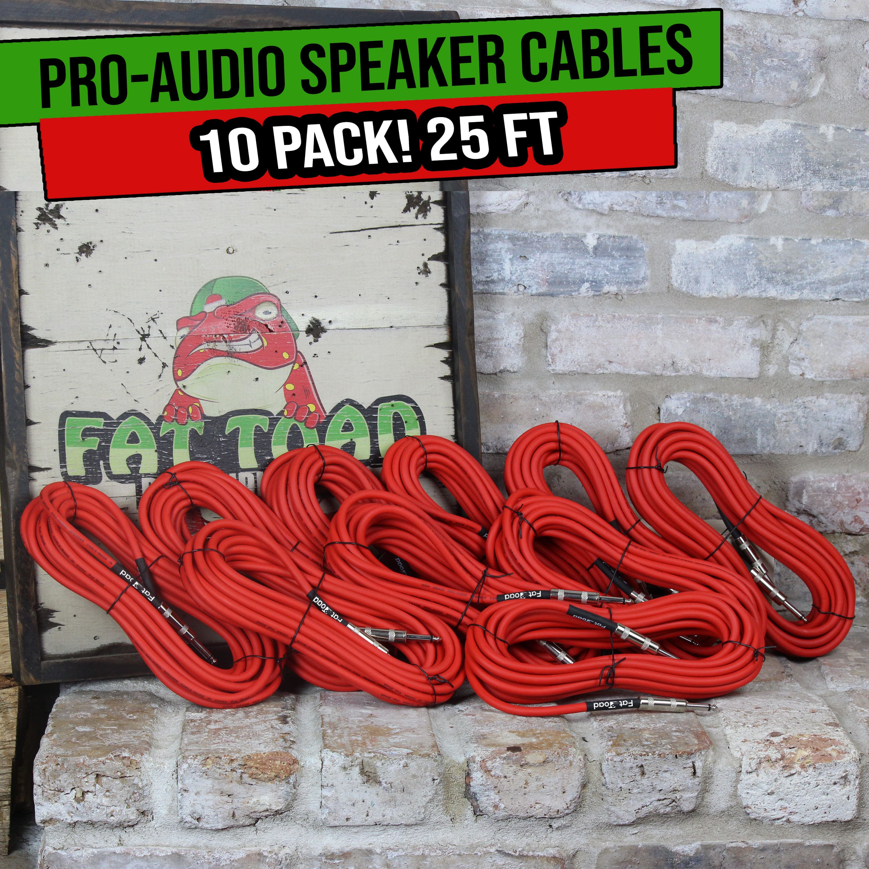 10 PACK - 25FT Speaker Cables by FAT TOAD | Quarter Inch 12 AWG Gauge Wire for Amp, Music Studio Recording & Stage Gear | 1/4" to 1/4 Male Jack Professional Pro Audio Red DJ Speakers PA Patch Cords GeekStands.com