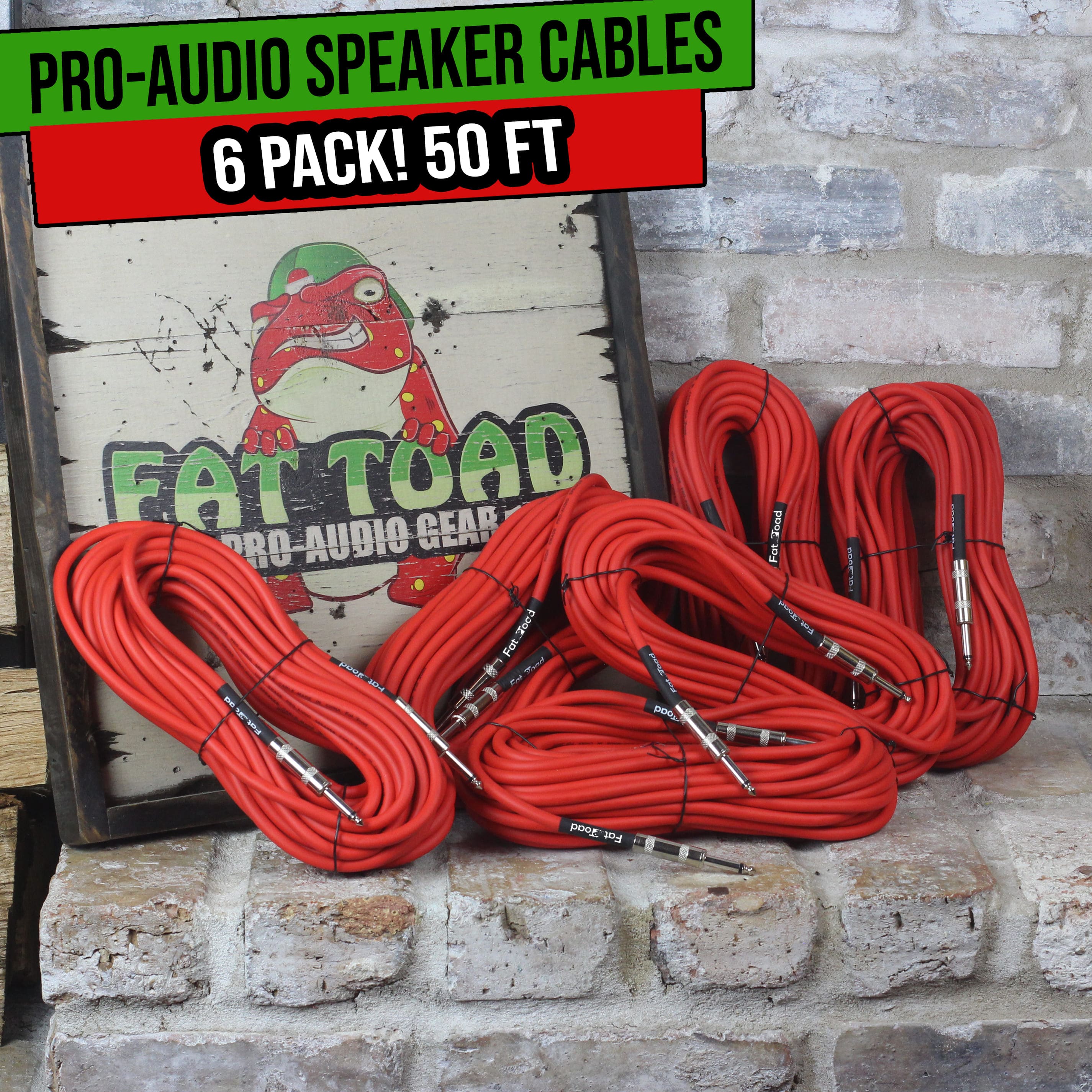 6 PACK -  Speaker Cables by FAT TOAD | 50FT DJ PA Professional Pro Audio Red Patch Cords | 1/4 to 1/4 Quarter Inch Male Jack 12 AWG Gauge Wire for Amp, Music Studio Recording & Performance Stage Gear GeekStands.com