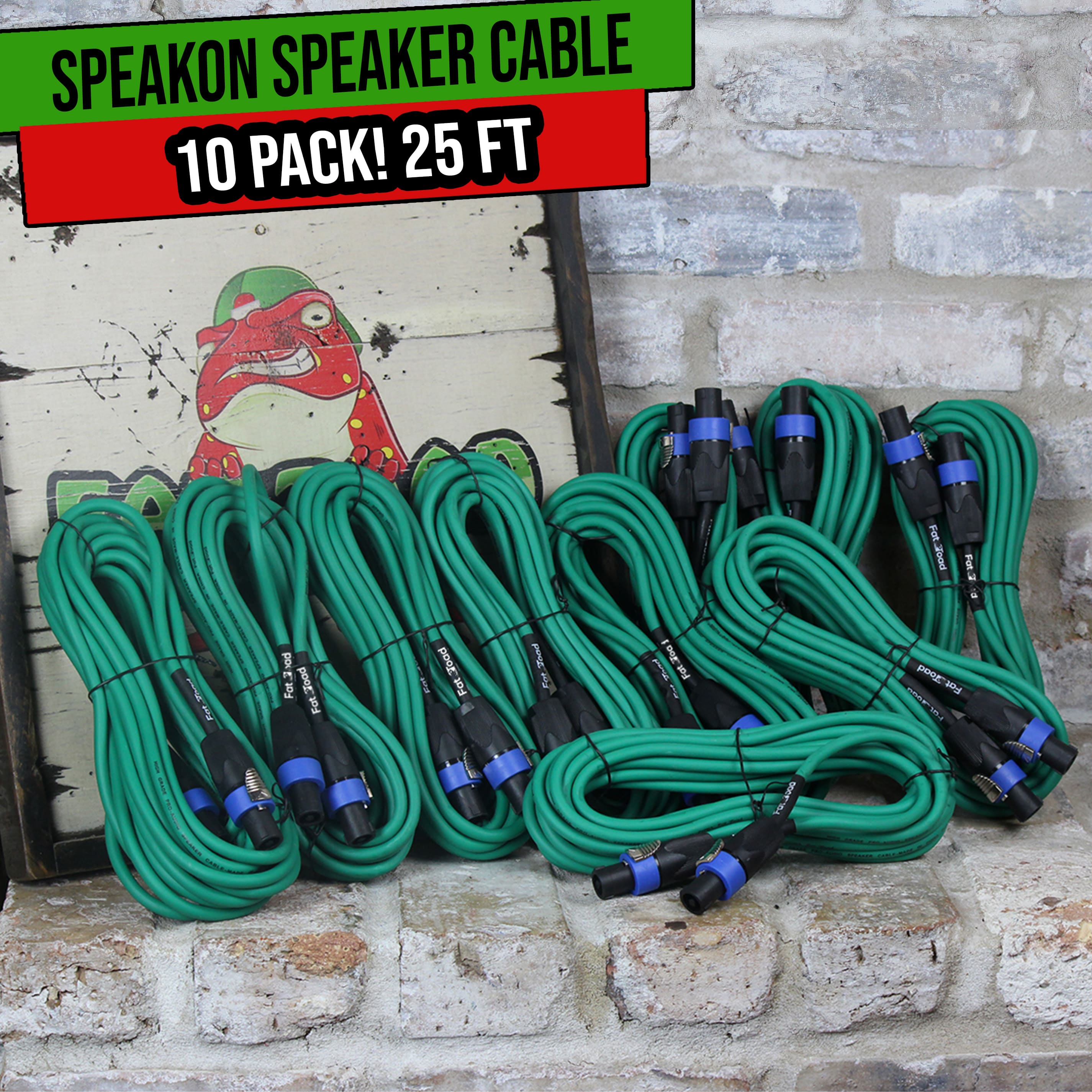10 PACK - Speakon to Speakon Speaker Cables by FAT TOAD | 25ft Professional DJ Pro Audio Green PA Cords with Twist Lock Connector | 12 AWG Wire for Impeccable Studio Recording & Stage Performance Gear GeekStands.com